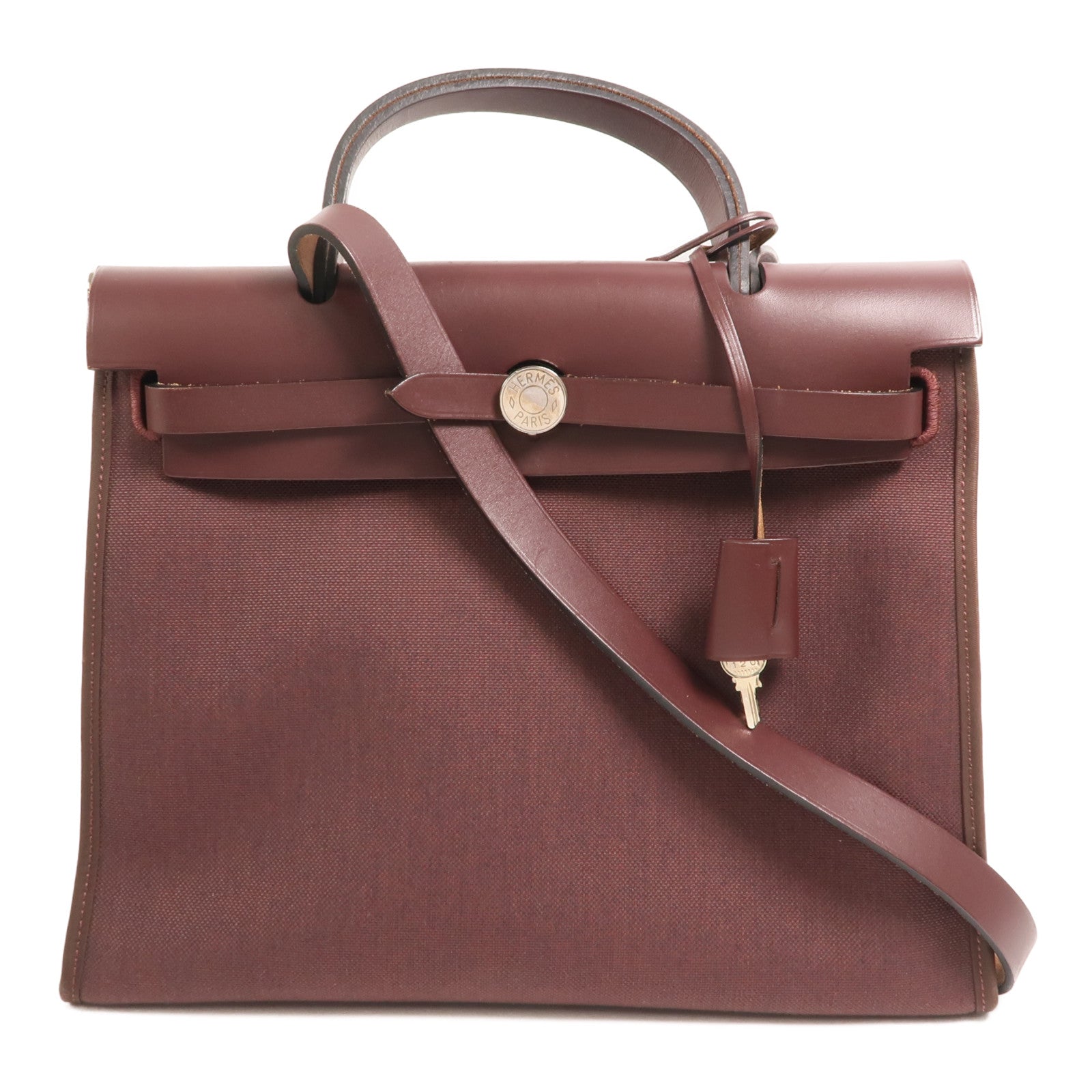 HERMES Toile H帆布Herbag PM手挽肩背兩用袋Rouge Sellier