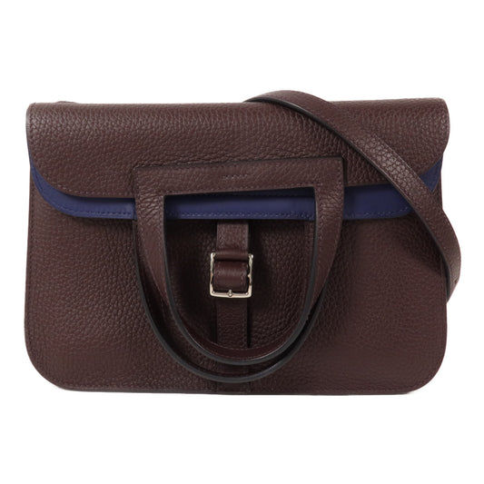 HERMES Clemence皮革Halzan 25手挽肩背兩用袋Rouge Sellier/Bleu Saphir