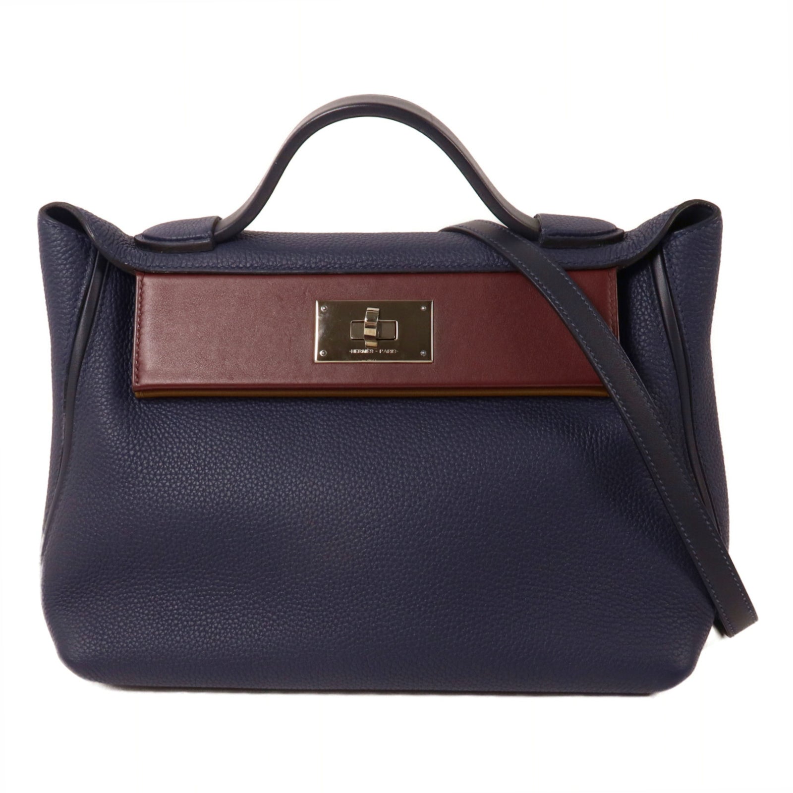 HERMES Clemence皮革/Swift皮革24/24 29cm手挽肩背兩用袋Bleu Indigo/Bordraux