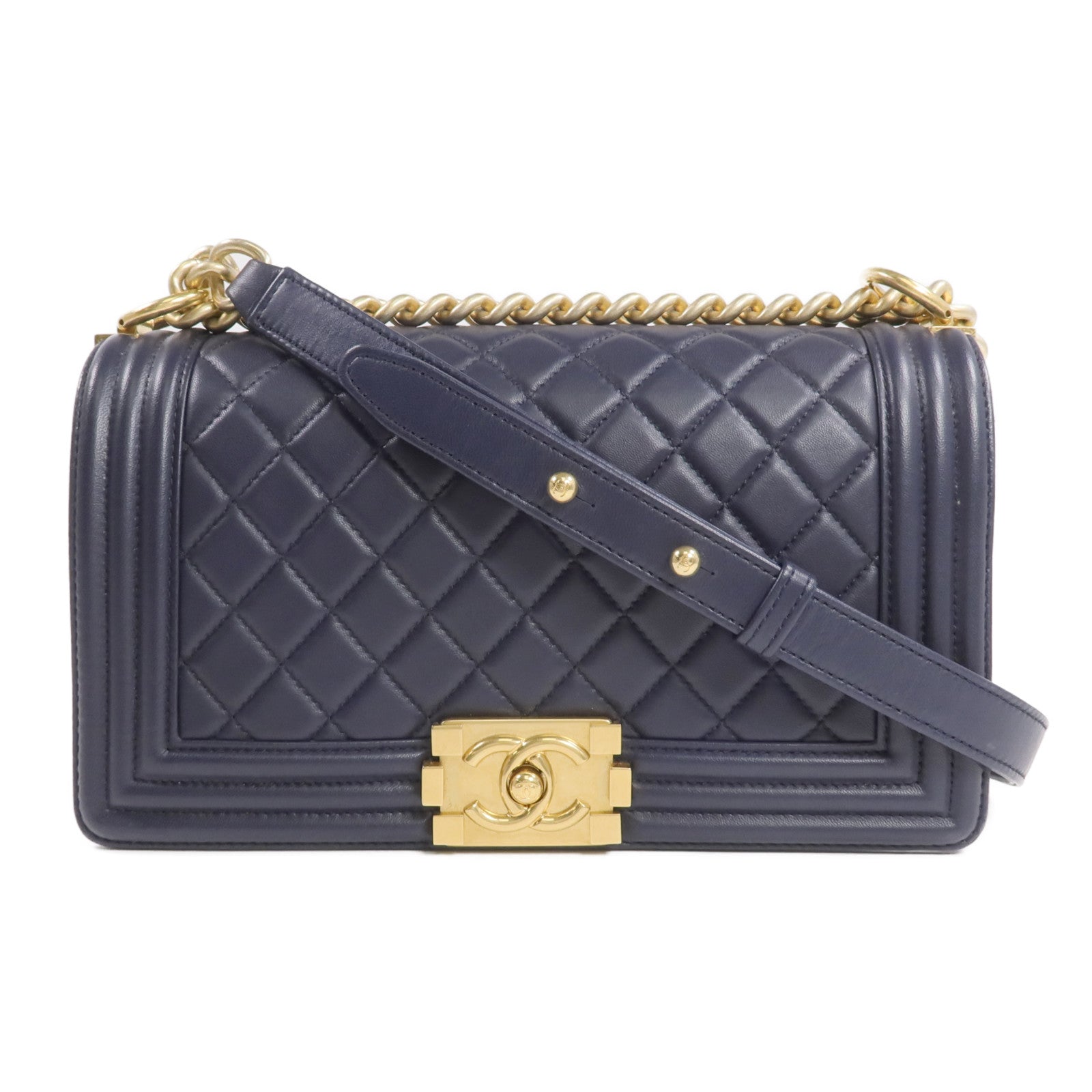 CHANEL 羊皮皮革Boy 25金扣鏈帶肩背袋