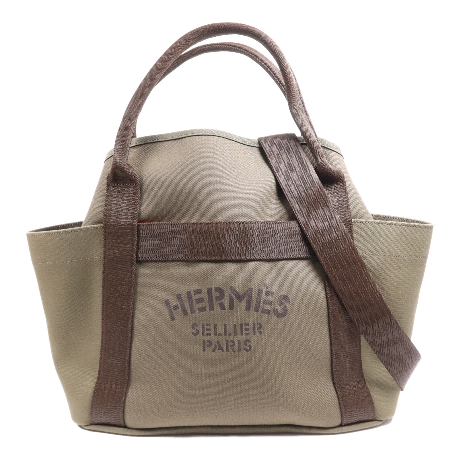 HERMES 【激減優惠】帆布Sac De Pansage Groom銀扣手挽肩背兩用袋Green