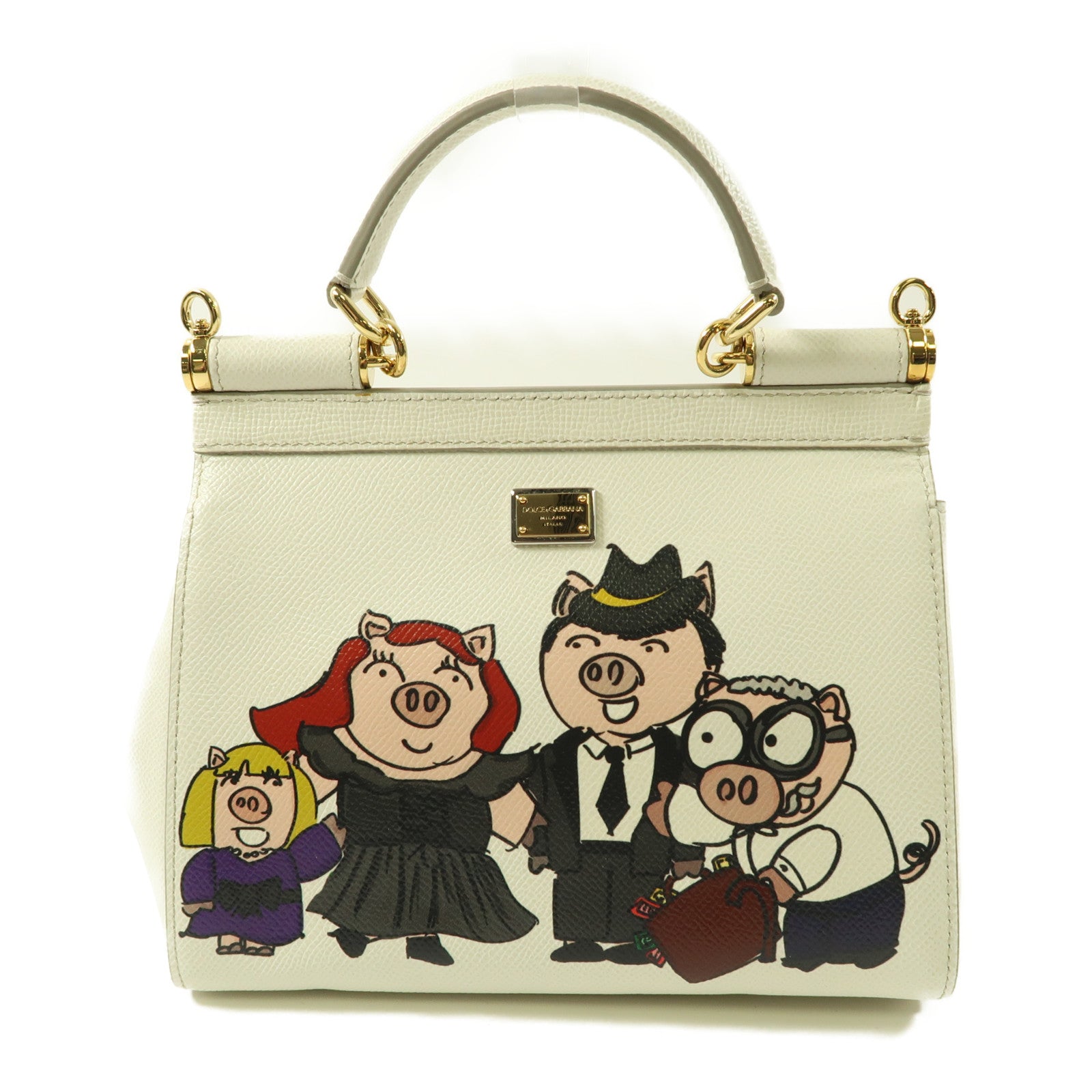 D&G 皮革2 Way Shoulder Bag Family Pig Bianco金扣手挽肩背兩用袋白色