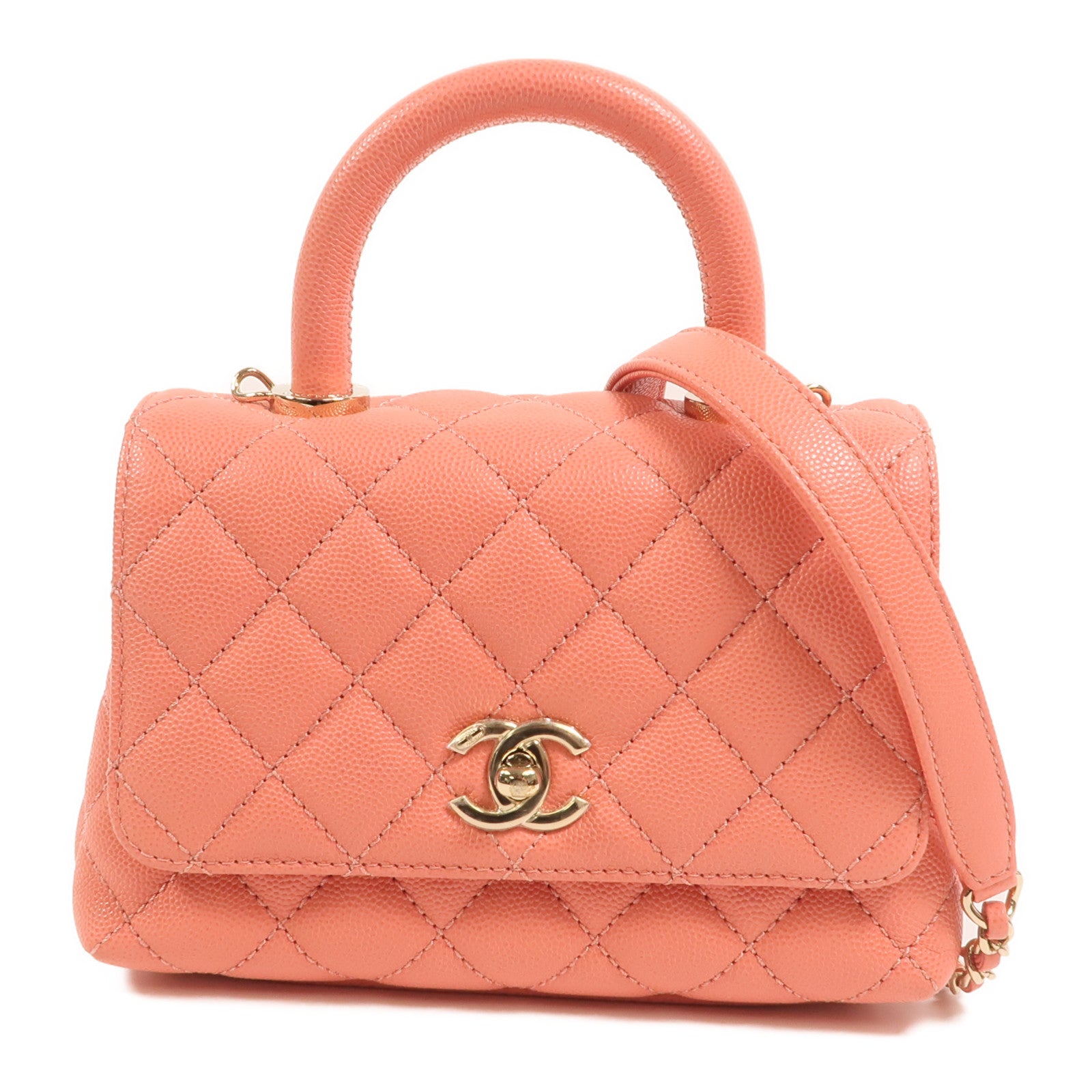 CHANEL 牛皮皮革Coco Handle Mini金扣鏈帶手挽肩背兩用袋