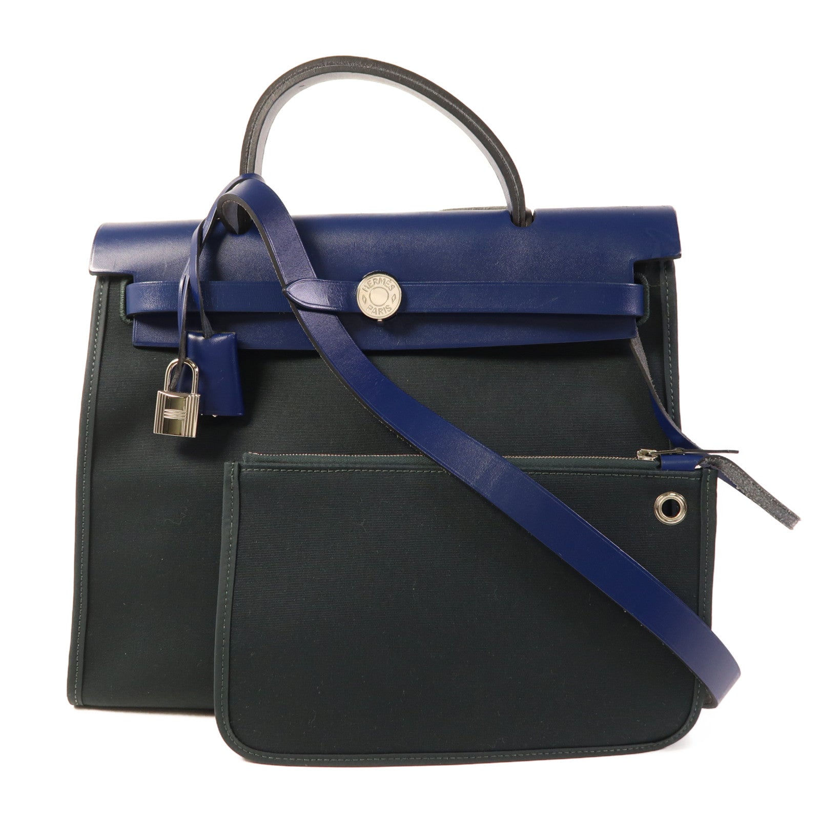 HERMES 帆布Herbag PM銀扣手挽肩背兩用袋Vert Cypress/Bleu Saphir