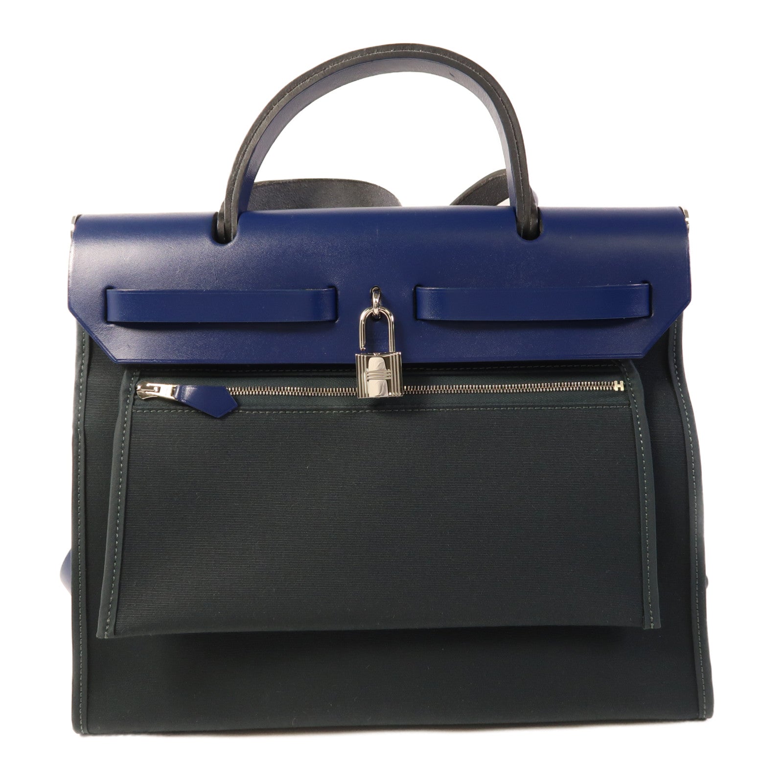 HERMES 帆布Herbag PM銀扣手挽肩背兩用袋Vert Cypress/Bleu Saphir