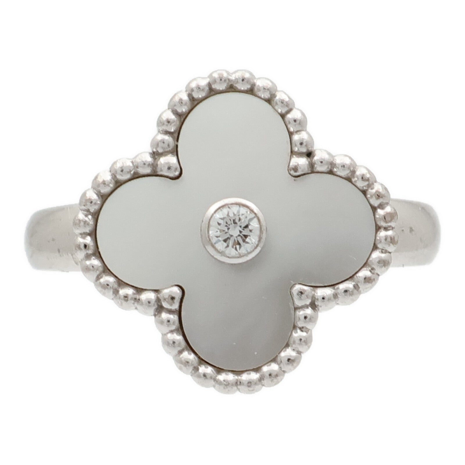 Van Cleef & Arpels 18K白金/珍珠母貝Vintage Alhambra鑽石戒指