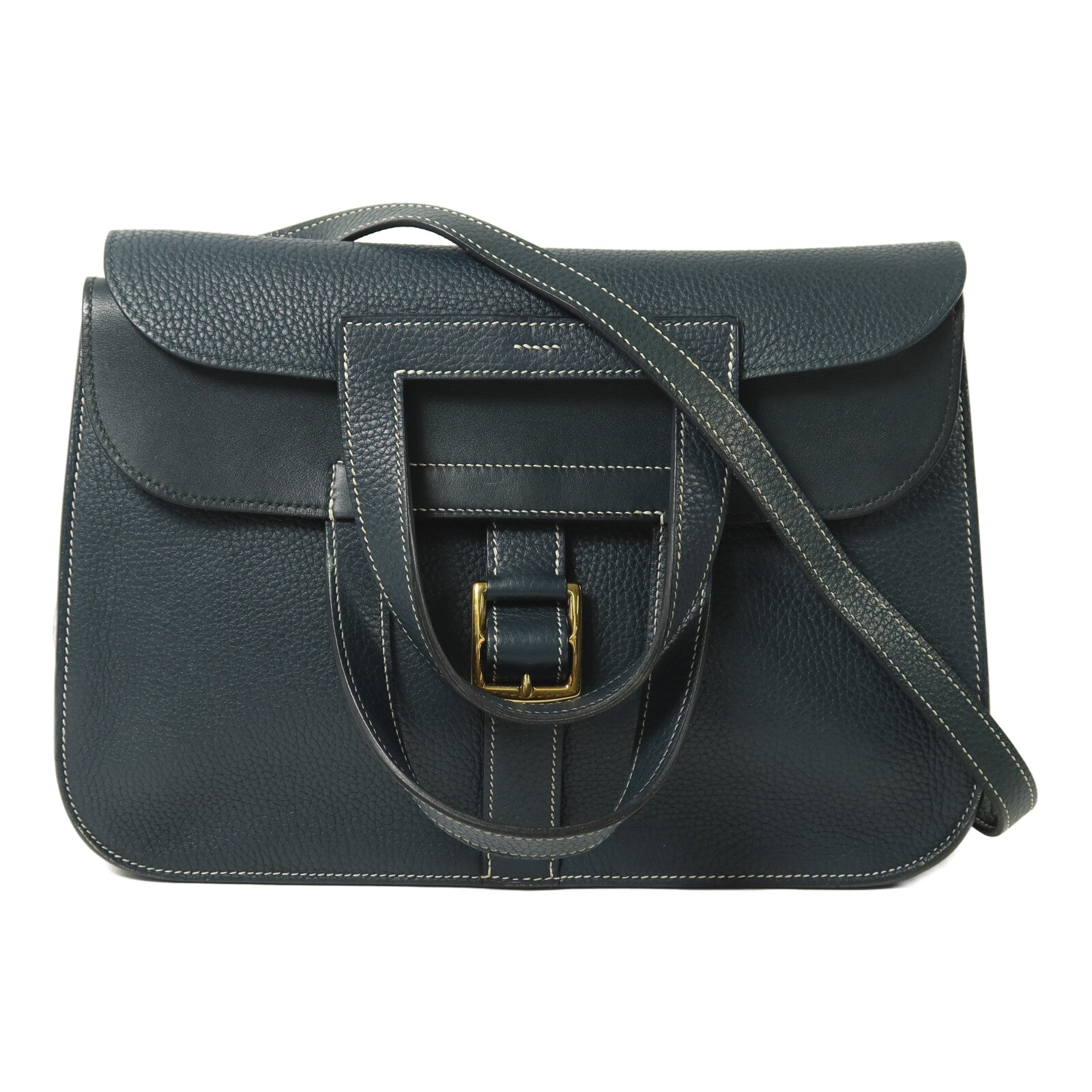 HERMES Clemence皮革Halzan 31金扣手挽肩背兩用袋Vert Cypres
