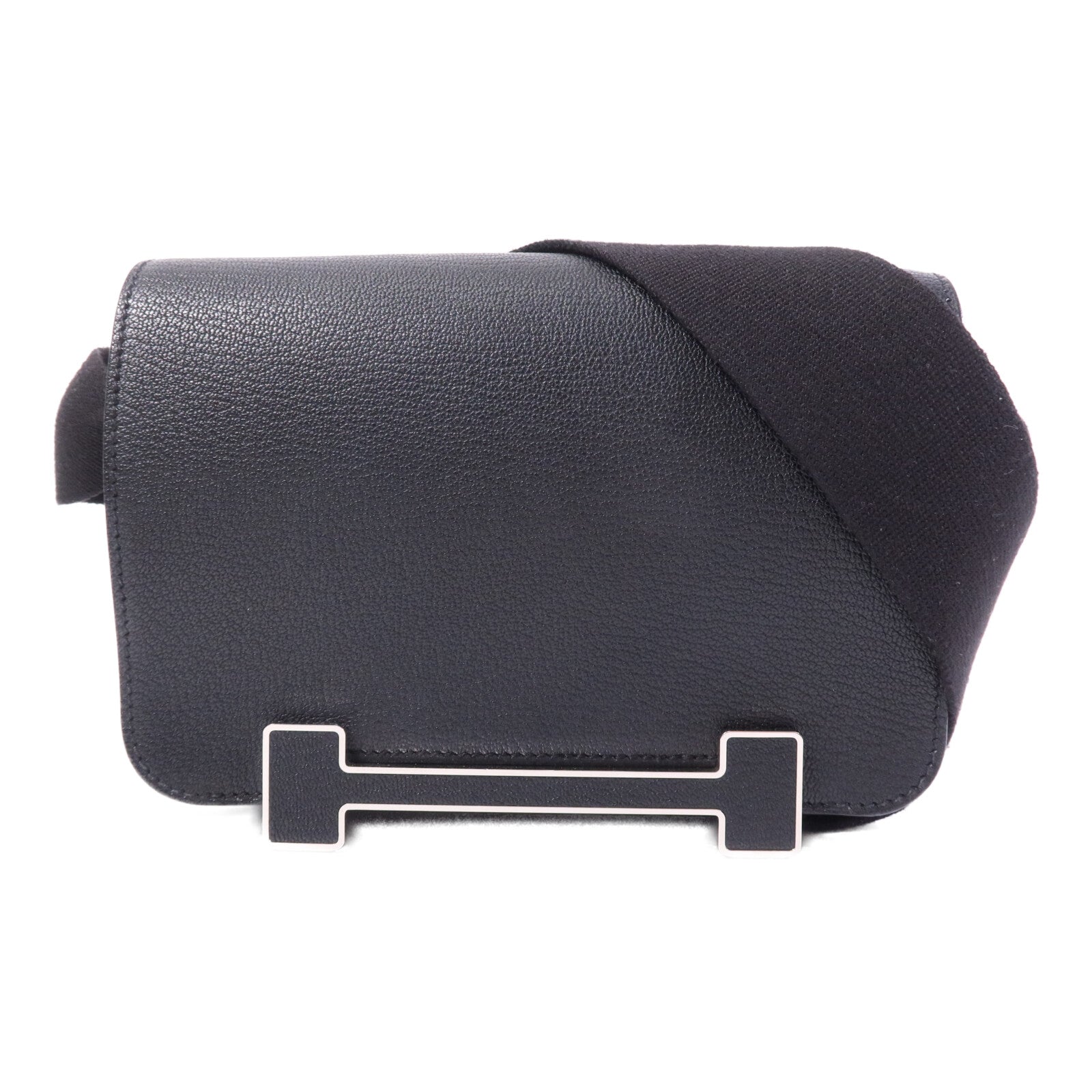 HERMES Chevre皮革Geta銀扣肩背袋Noir