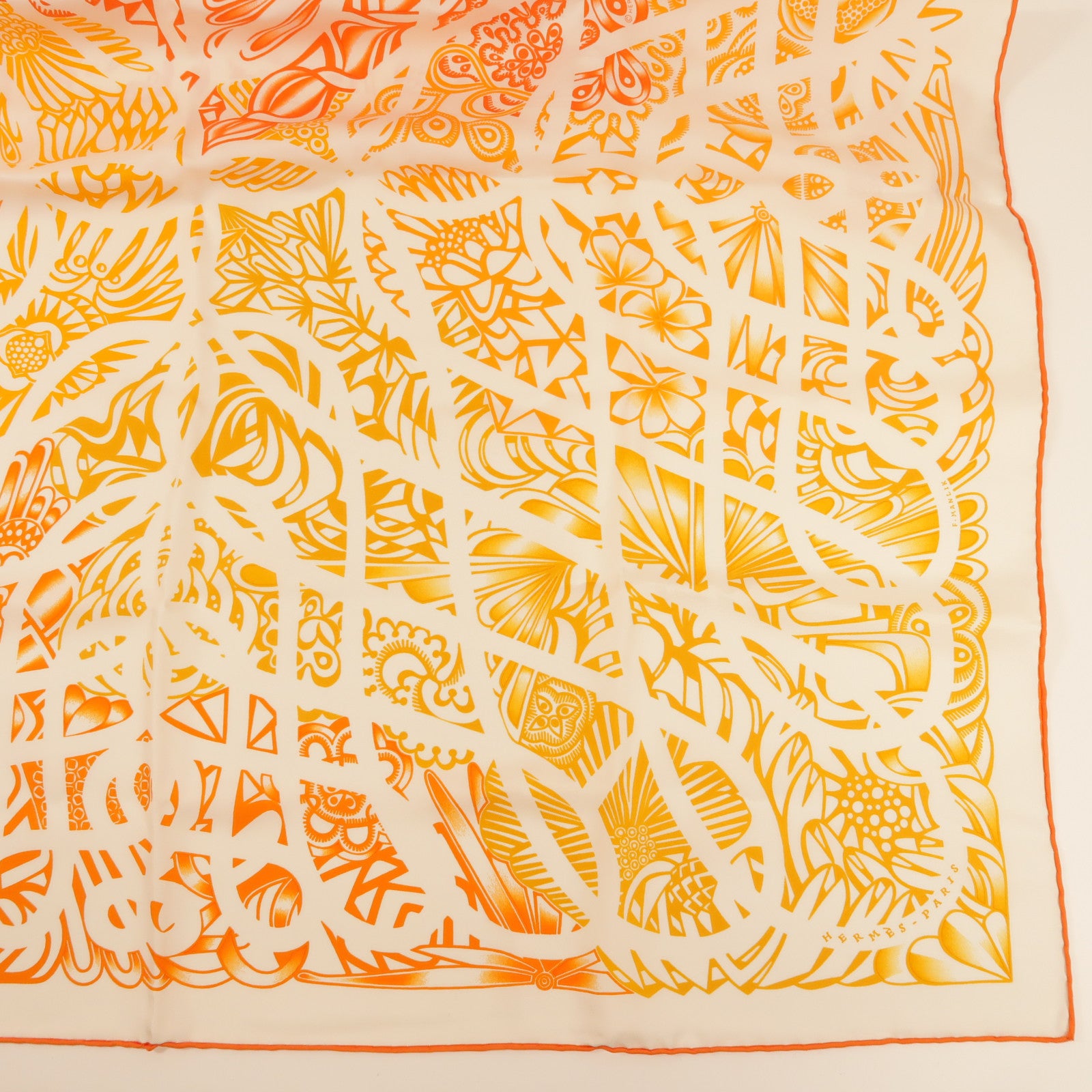 HERMES Scarf 90X90 Silk Orange/White