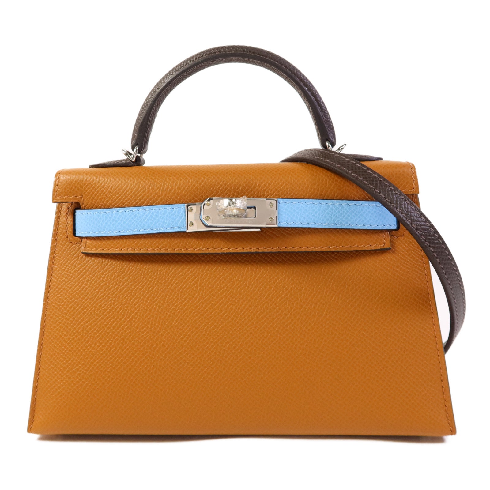 HERMES Epsom皮革Mini Kelly銀扣手挽肩背兩用袋Gold/Ecorce/Celeste