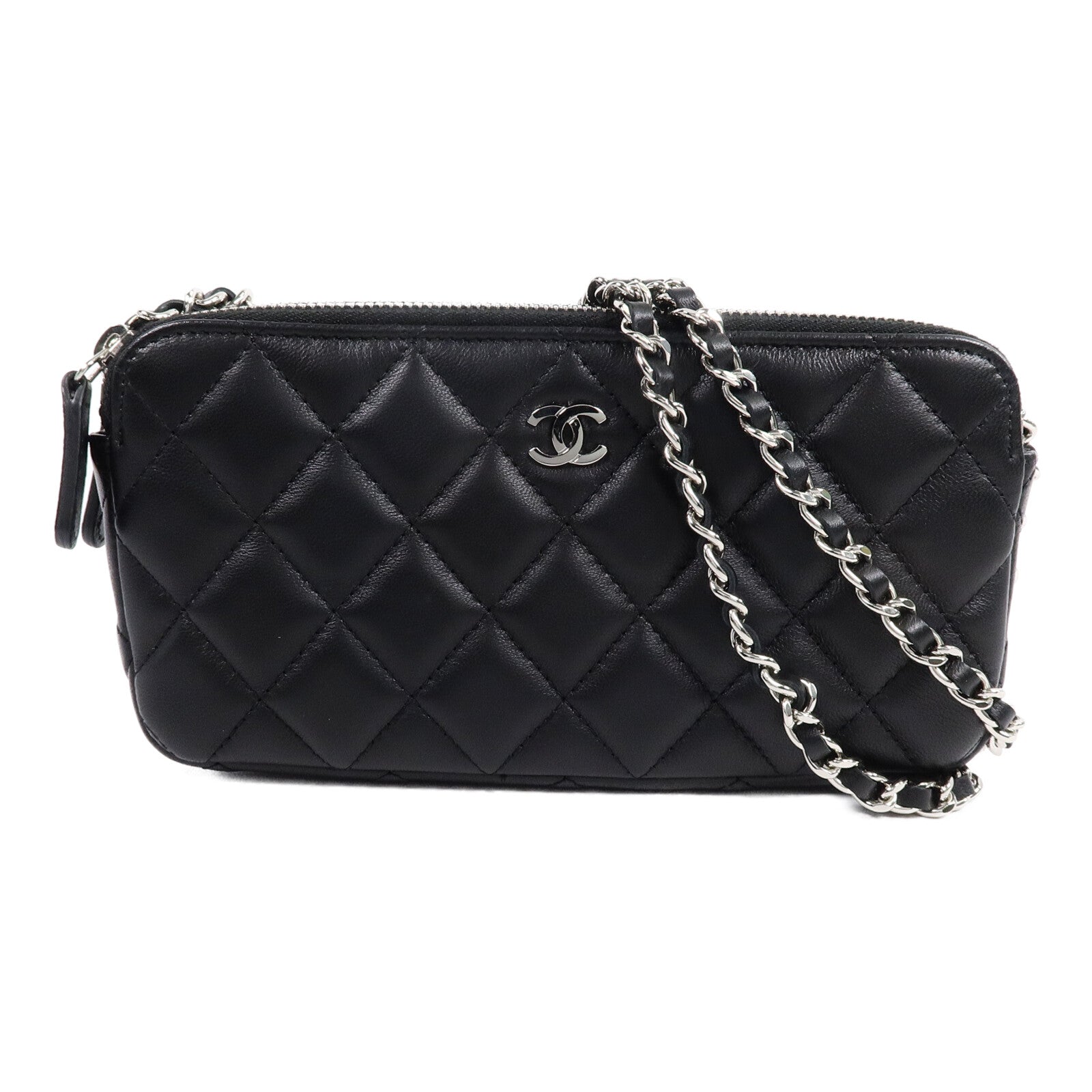 CHANEL 羊皮皮革Classic Double Zip Cluth鏈帶肩背袋