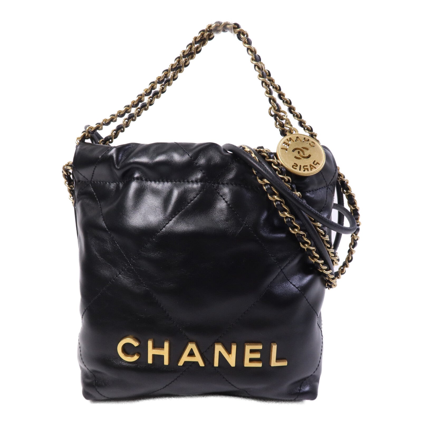 CHANEL 牛皮皮革C22 Mini金扣鏈帶手挽肩背兩用袋