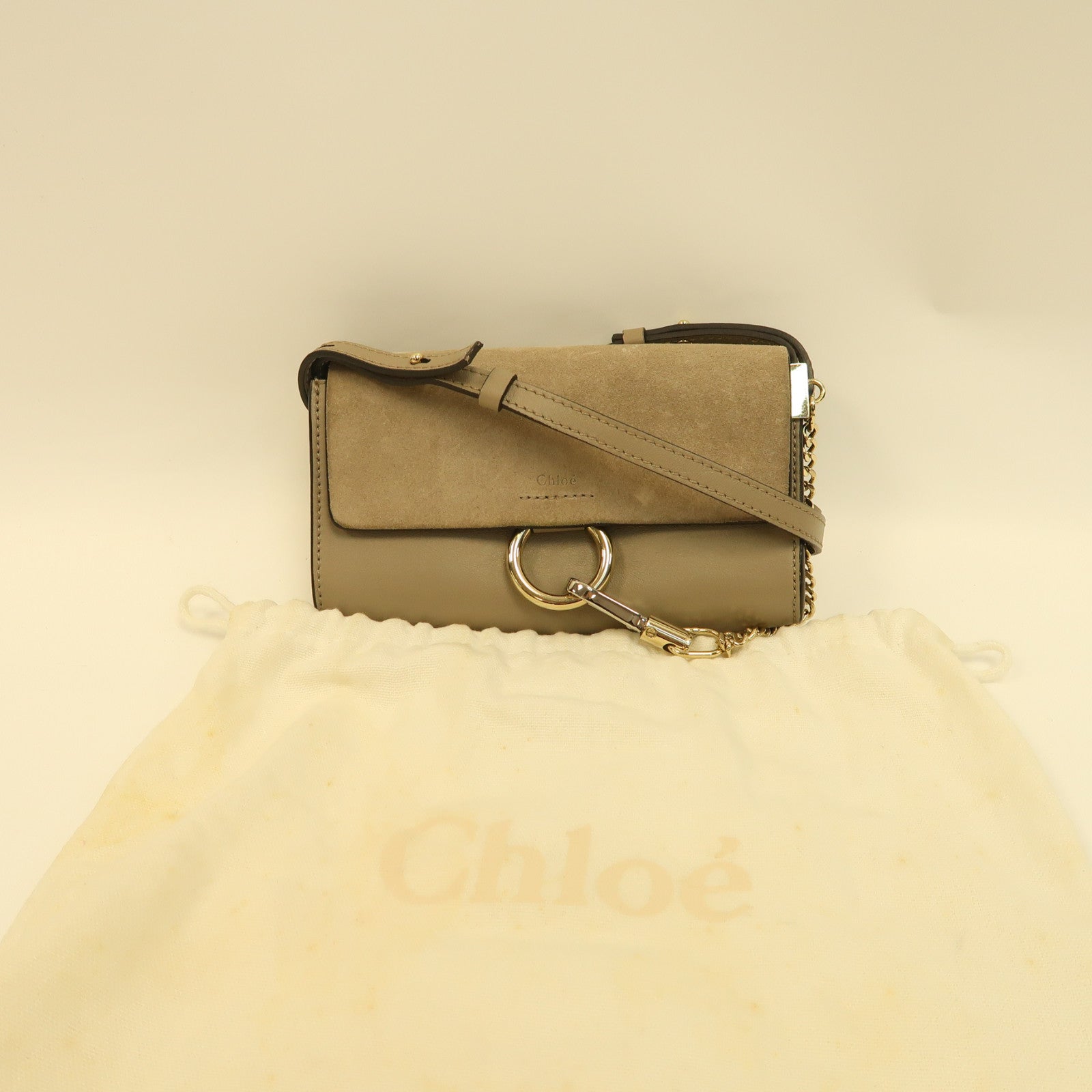 Chloe 【激減優惠】牛皮皮革/麂皮皮革Mini Faye金扣鏈帶肩背袋淺啡色