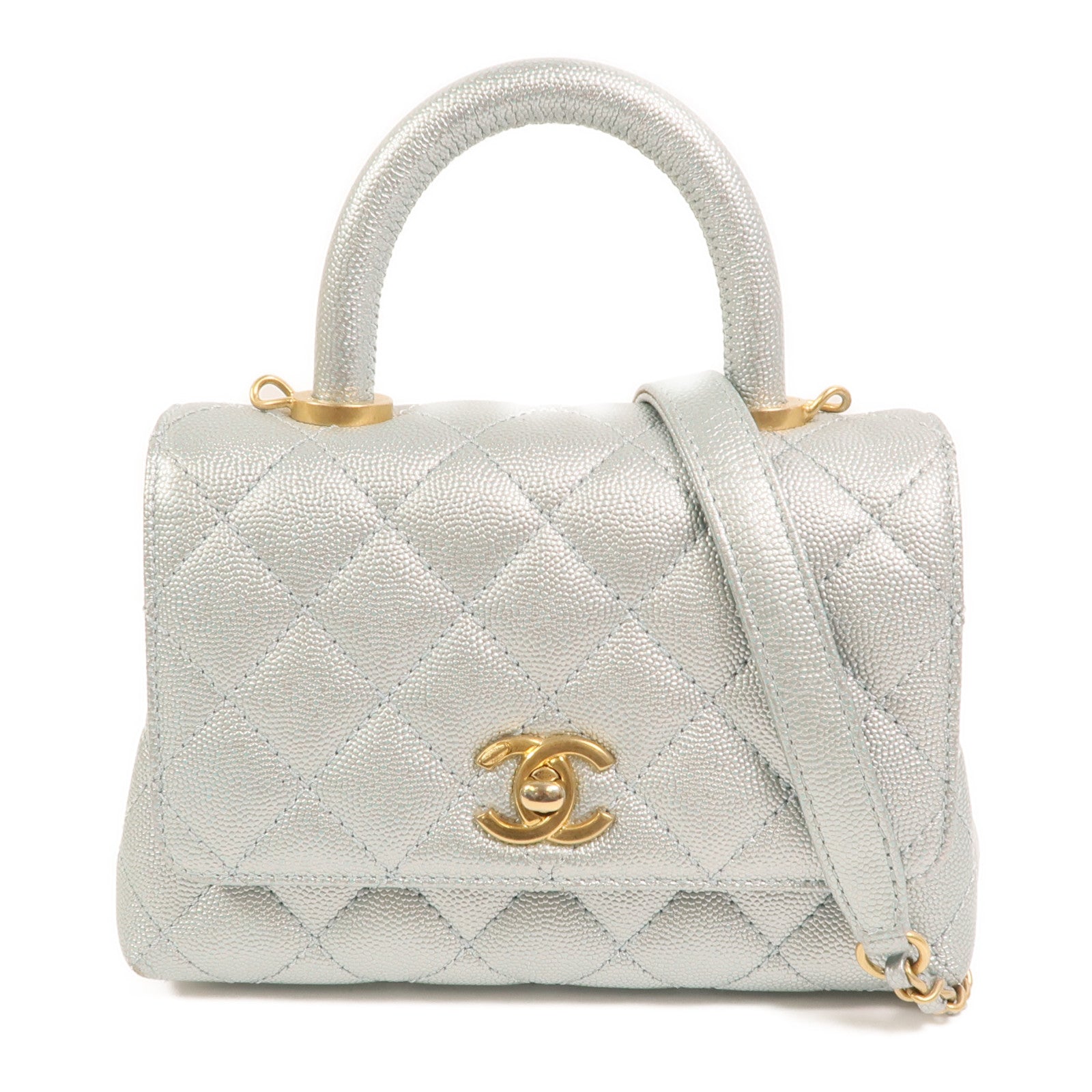 CHANEL 牛皮皮革Coco Handle Mini金扣鏈帶手挽肩背兩用袋