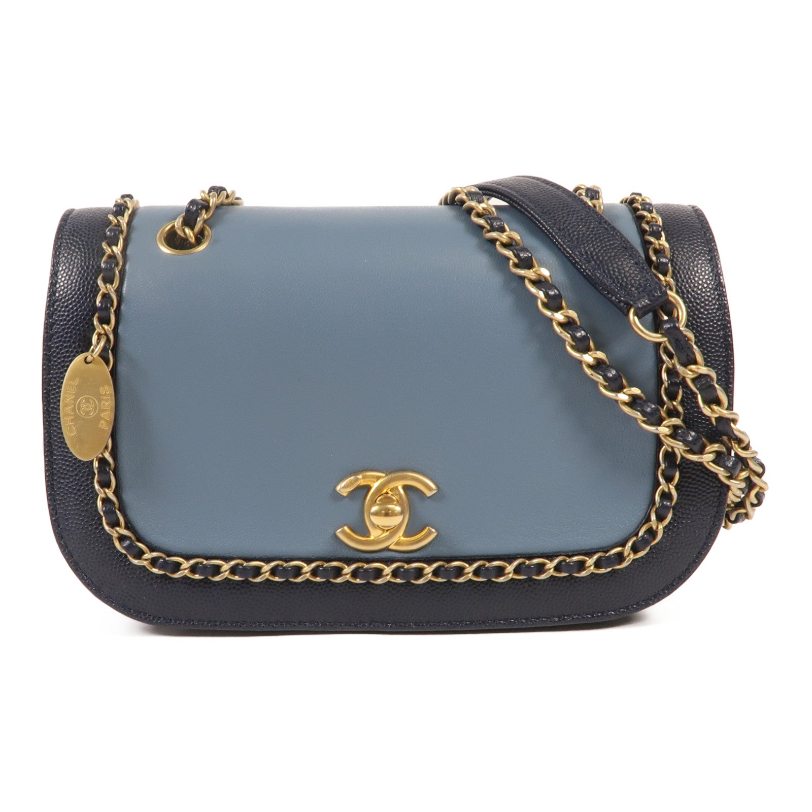 CHANEL 牛皮皮革Chain Shoulder金扣鏈帶肩背袋