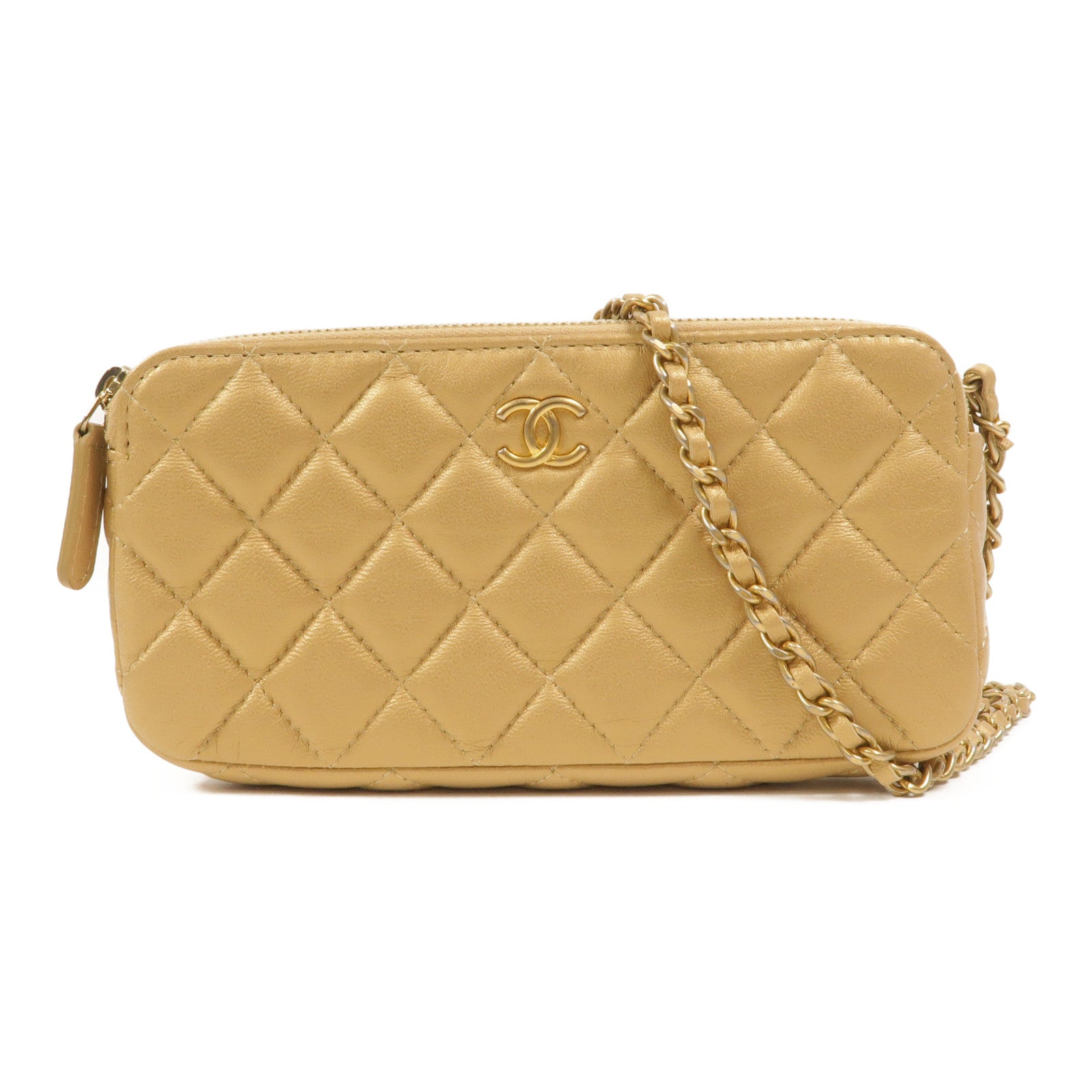 CHANEL 羊皮皮革Double Zip Clutch Bag鏈帶肩背袋