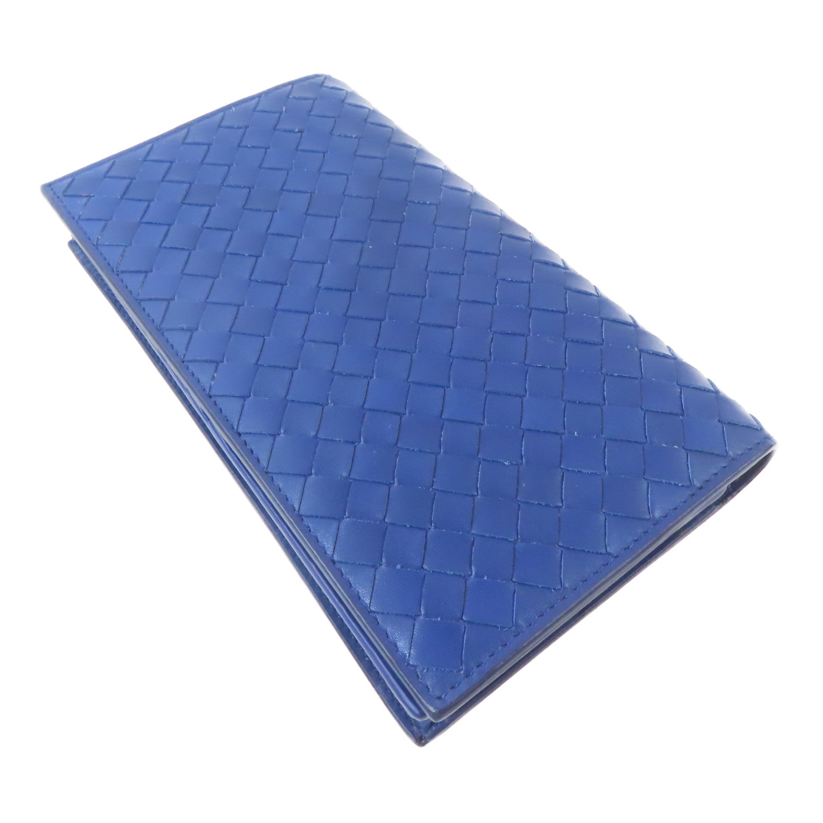 BOTTEGA VENETA 【激減優惠】織紋牛皮皮革Long Bifold Wallet黑扣長錢包藍色