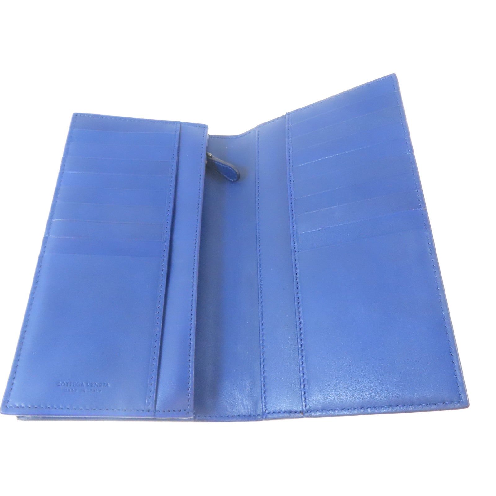 BOTTEGA VENETA 【激減優惠】織紋牛皮皮革Long Bifold Wallet黑扣長錢包藍色