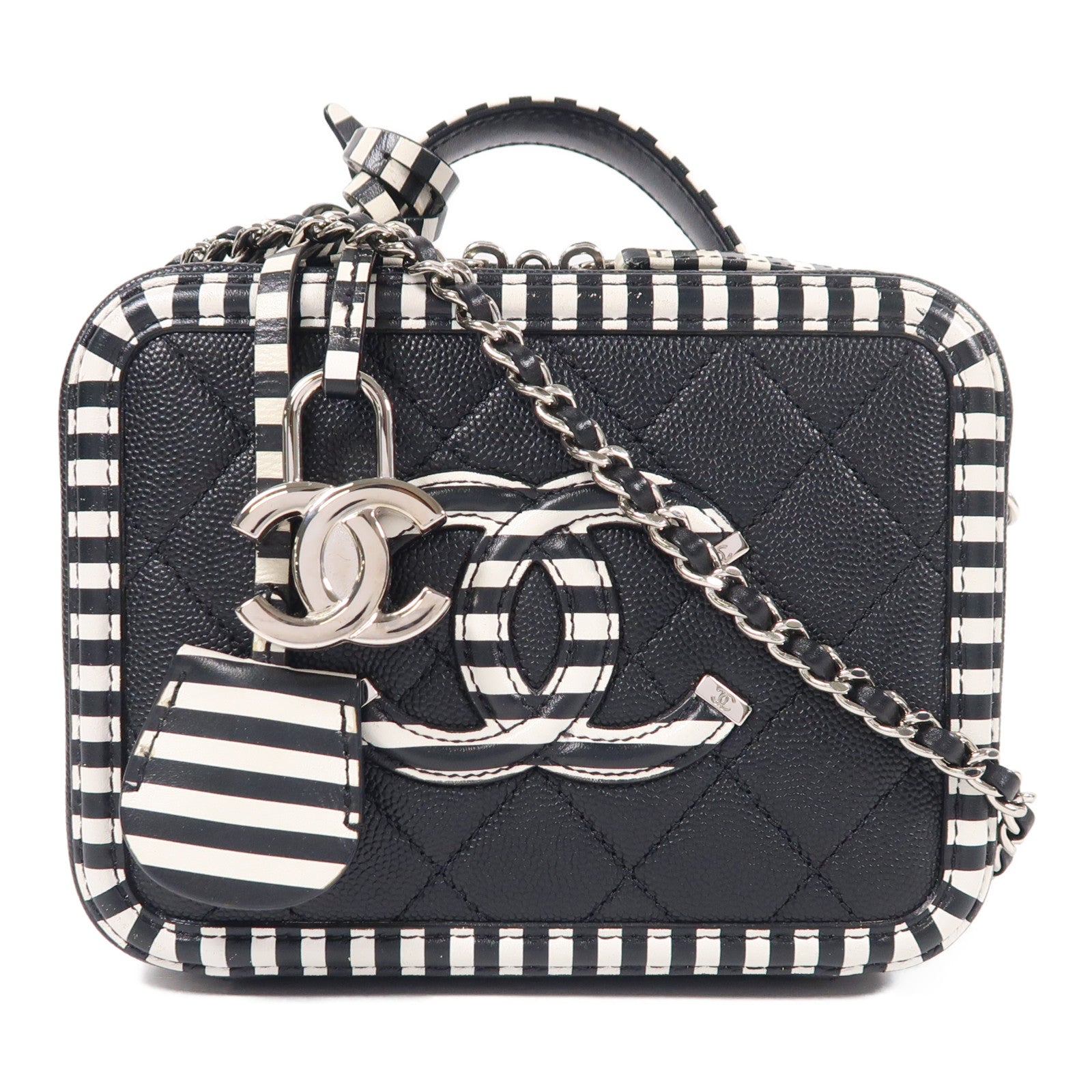 CHANEL 牛皮皮革Filigree Vanity Case銀扣手挽肩背兩用袋