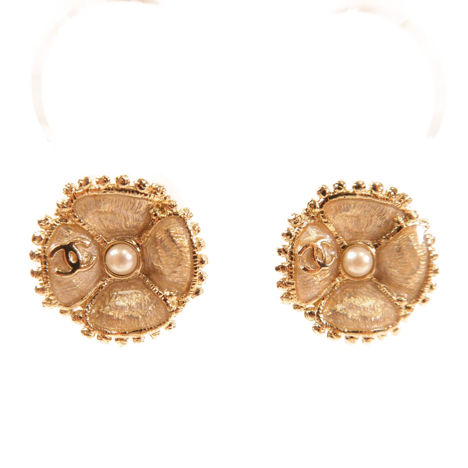 CHANEL CC Pierced Earring Metal PVC Gold White