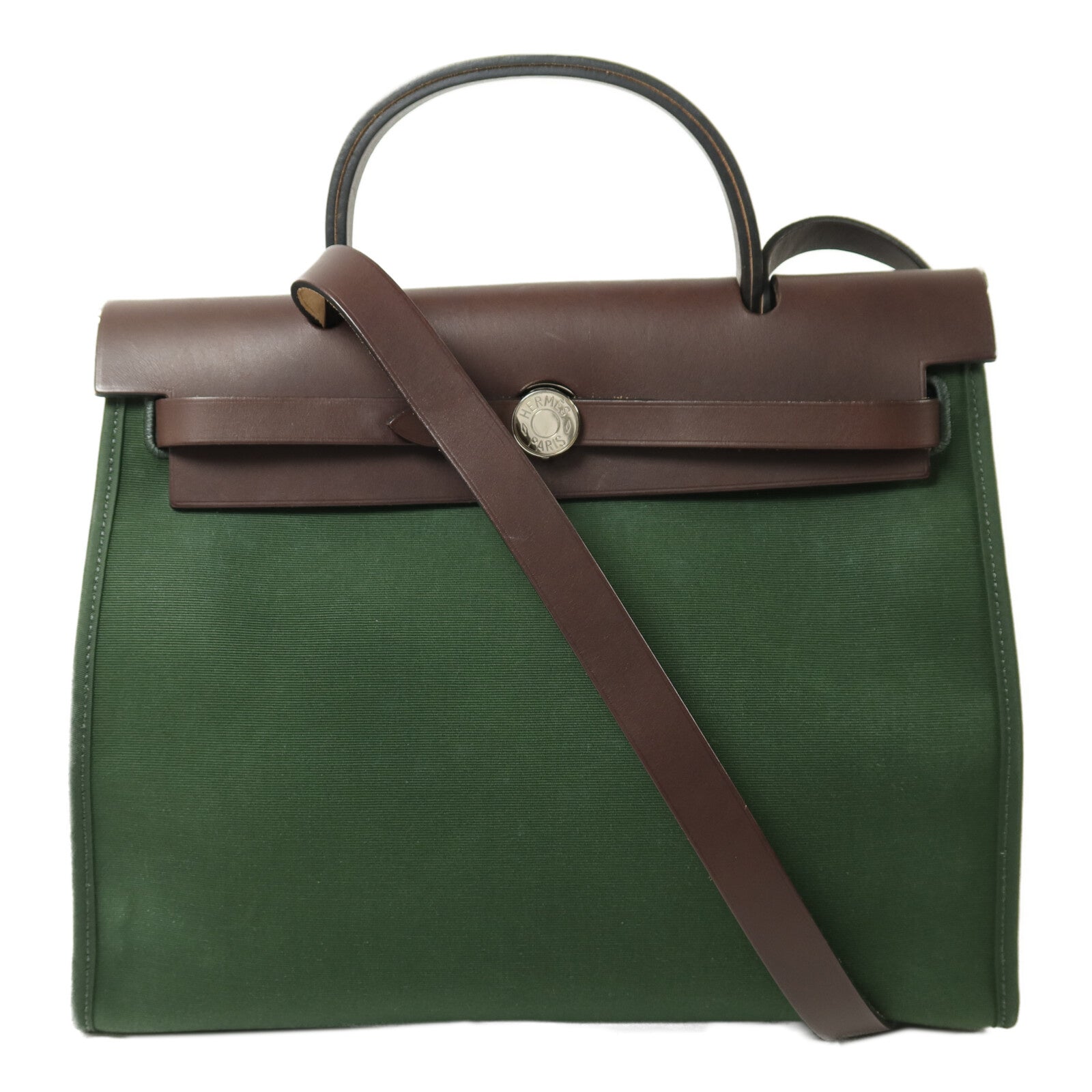 HERMES 帆布Herbag PM銀扣手挽肩背兩用袋Vert Anglais