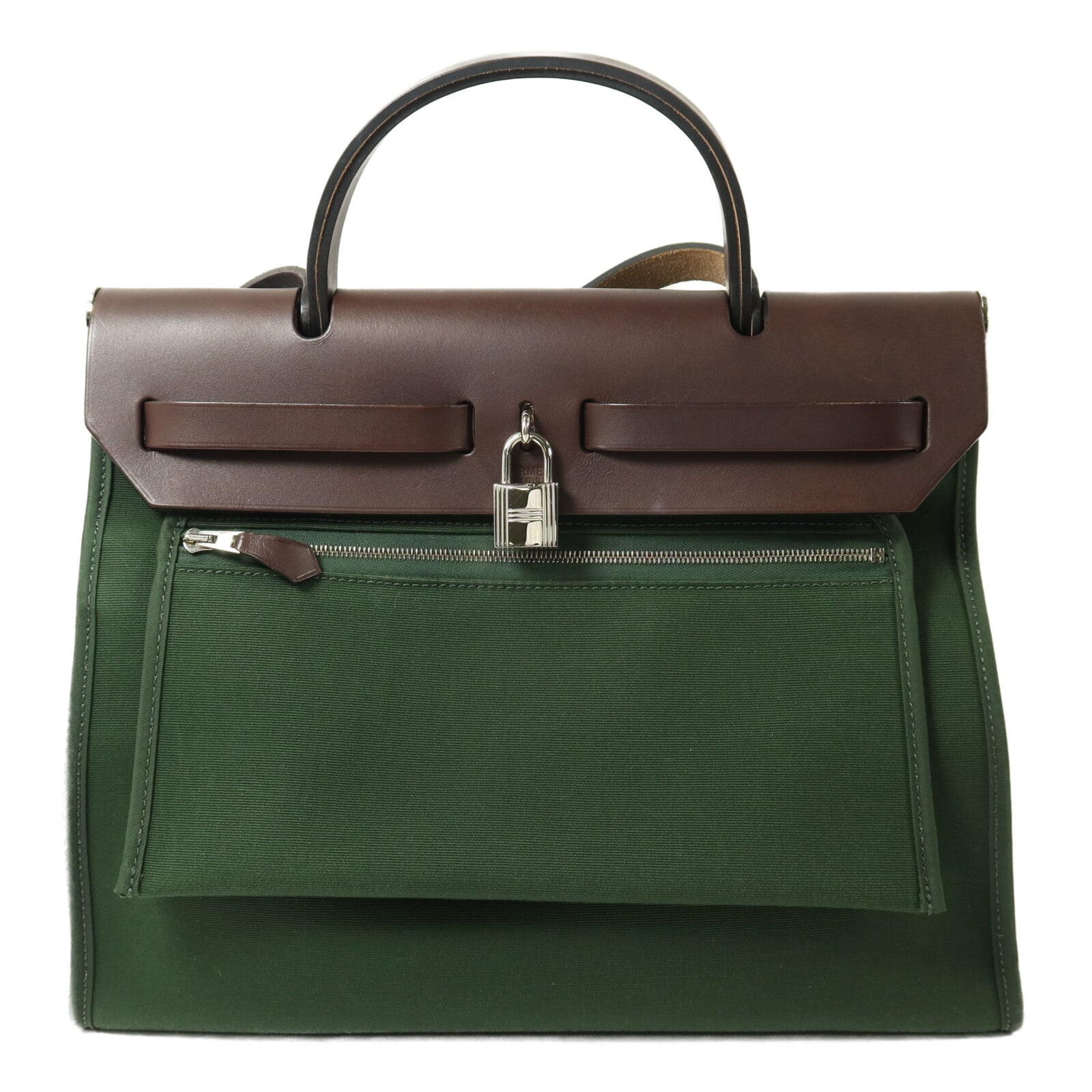 HERMES 帆布Herbag PM銀扣手挽肩背兩用袋Vert Anglais
