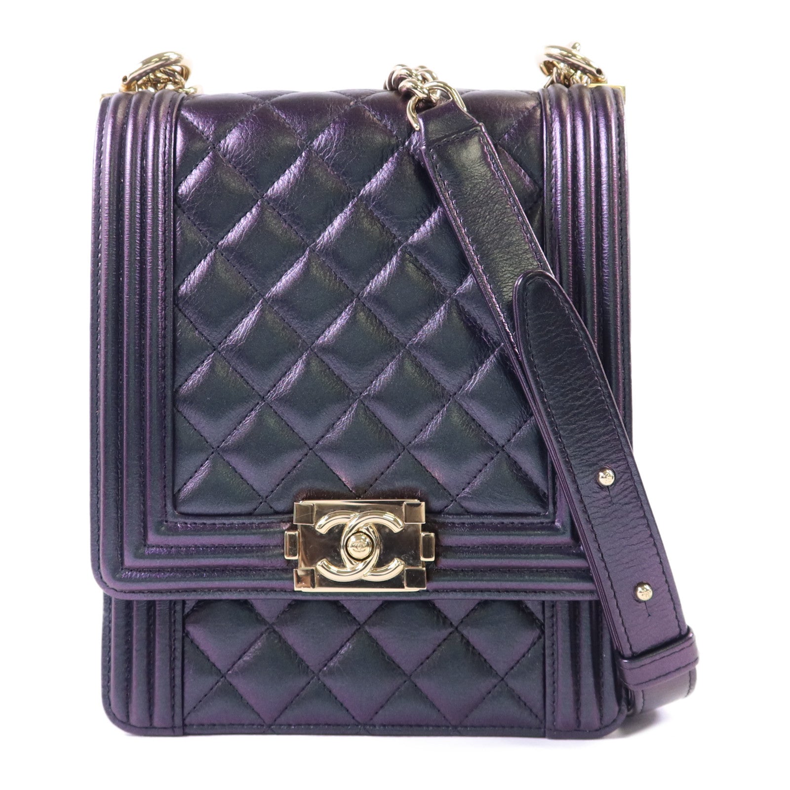 CHANEL 牛皮皮革Boy Chanel North South金扣鏈帶肩背袋