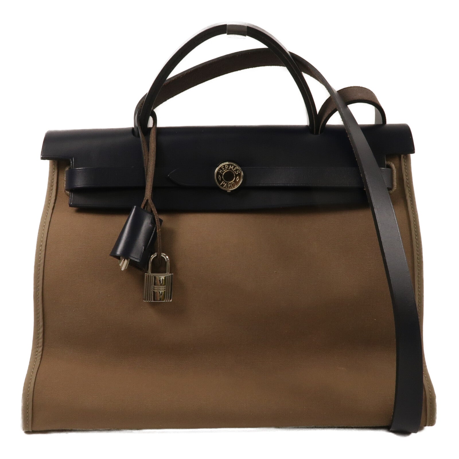 HERMES 帆布/Vache Hunter皮革Herbag PM手挽肩背兩用袋Etoupe/Bleu Indigo