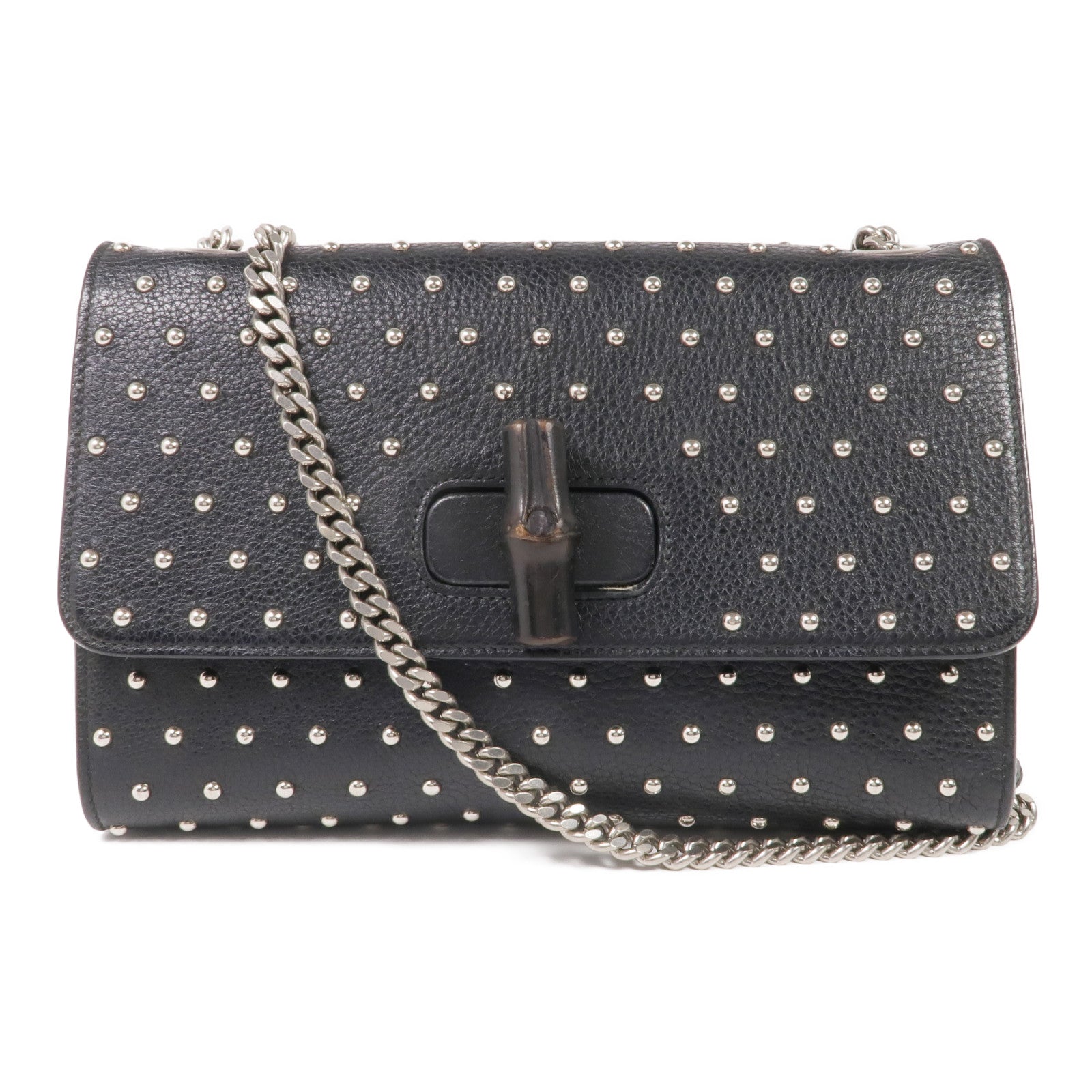 GUCCI 牛皮皮革Stud Bamboo Shoulder Bag銀扣鏈帶肩背袋