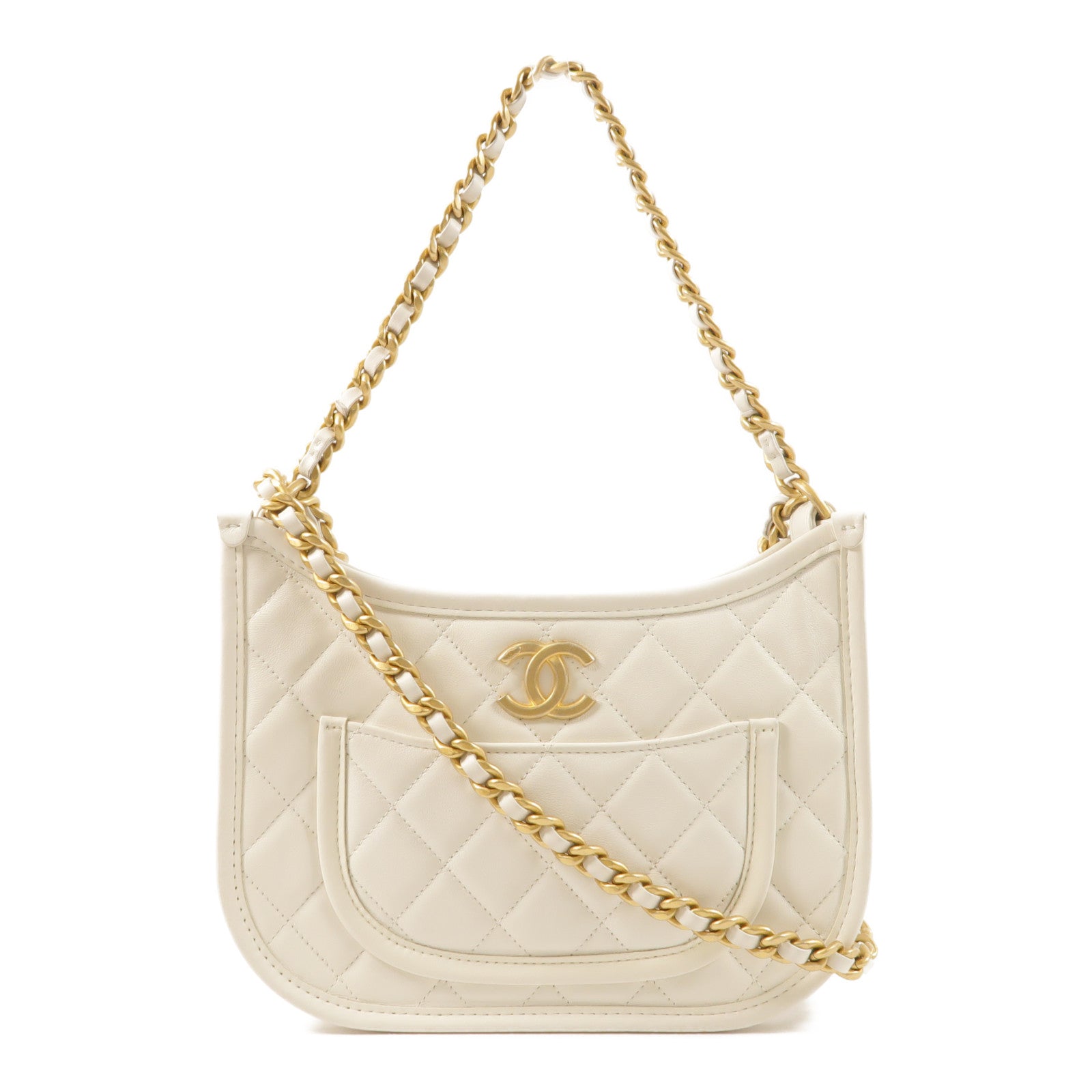 CHANEL 牛皮皮革Hobo Bag金扣鏈帶手挽肩背兩用袋