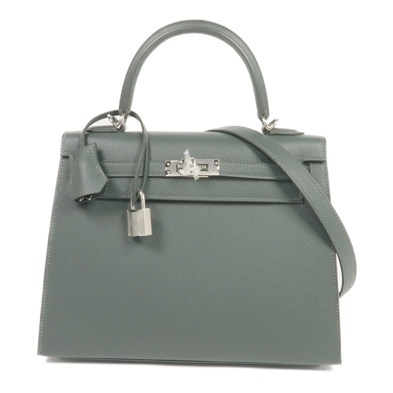 HERMES Epsom皮革Kelly 25銀扣手挽肩背兩用袋Vert Mangrove