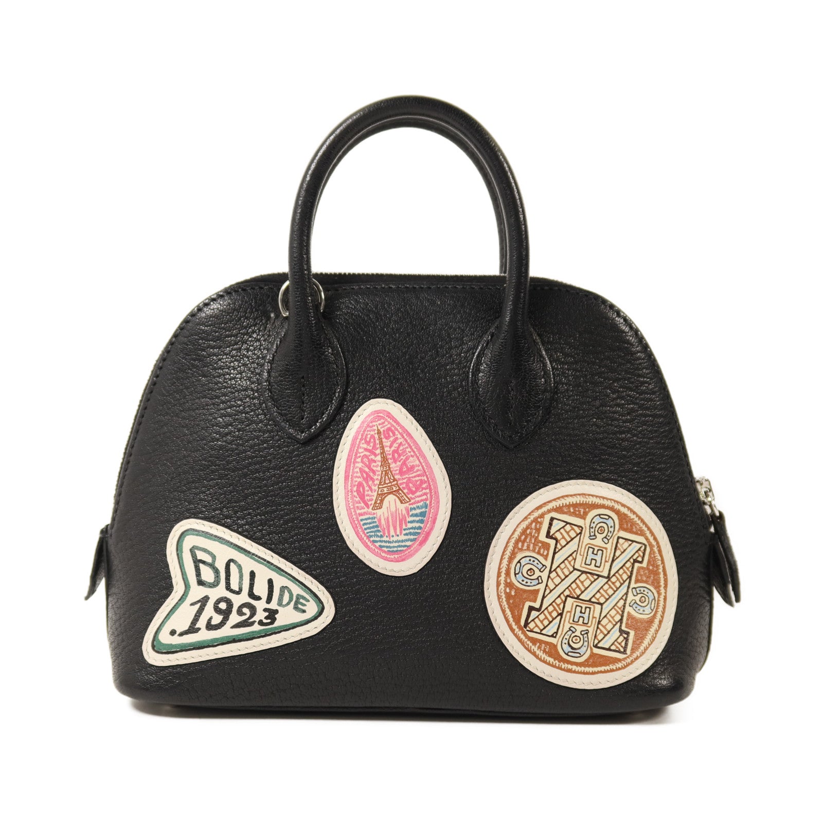 HERMES Chevre皮革Mini Bolide銀扣手挽肩背兩用袋Noir