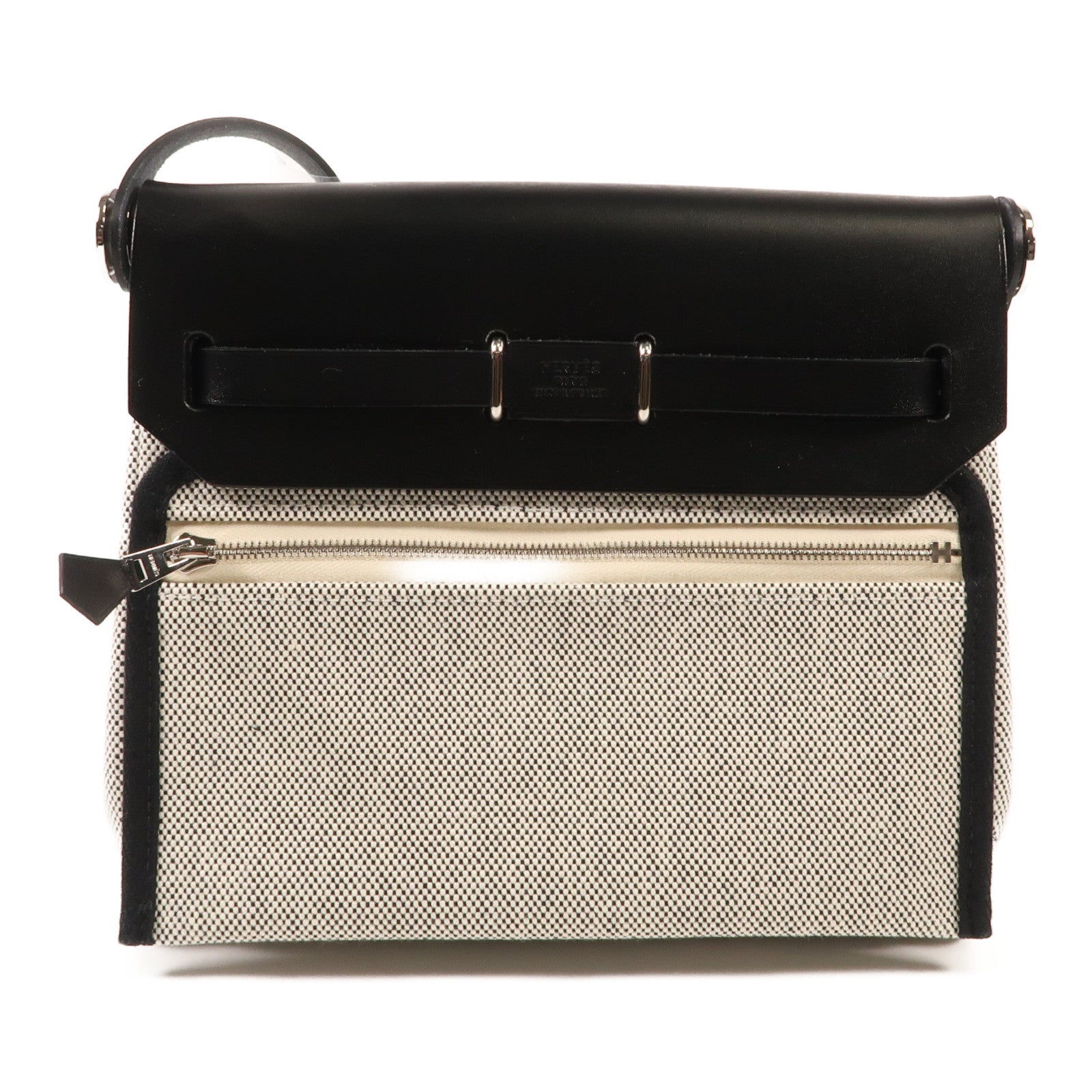 HERMES 帆布Herbag Mini銀扣肩背袋Black/White