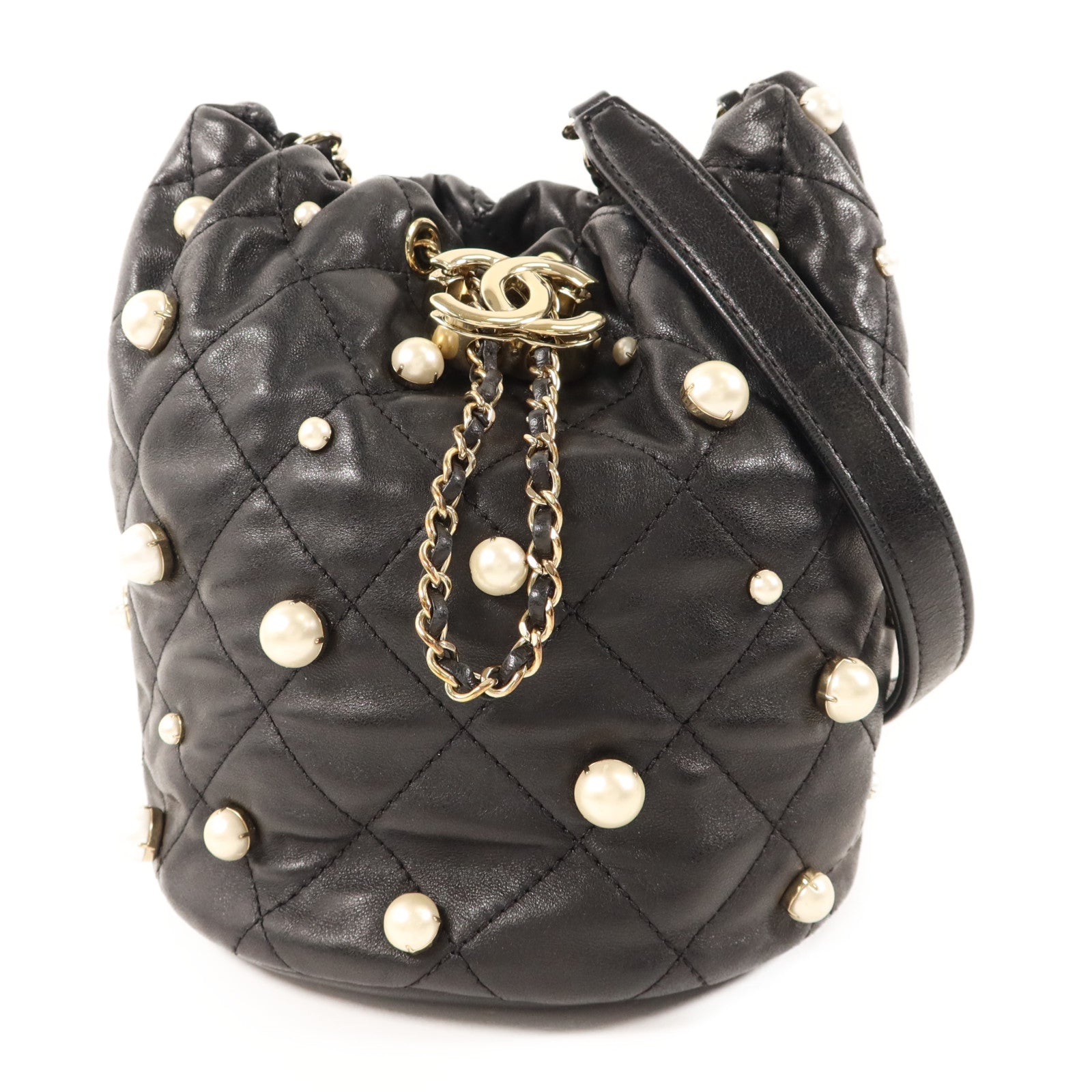 CHANEL 【激減優惠】羊皮皮革/珍珠Pearl Bucket Bag金扣鏈帶肩背袋
