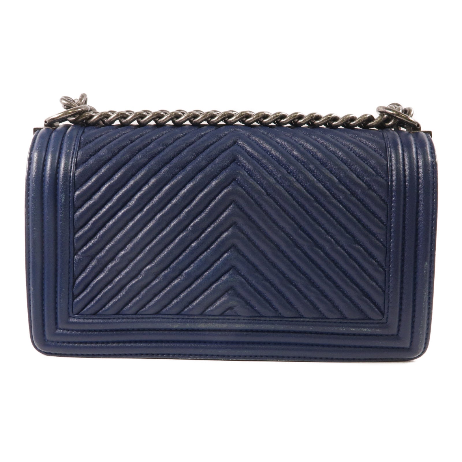 CHANEL CC Chevron Boy 25 Chain Shoulder Bag Calfskin Leather Blue