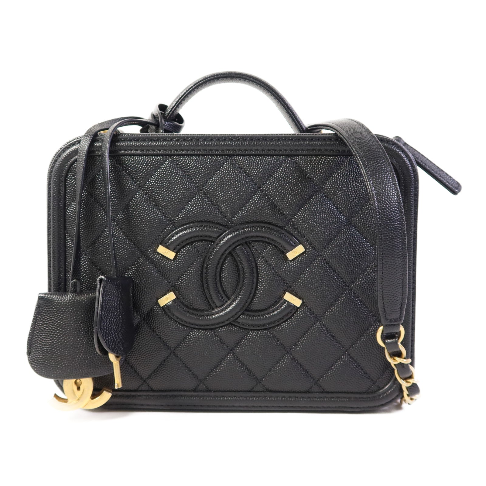 CHANEL 牛皮皮革Filigree Vanity Case Medium金扣手挽肩背兩用袋