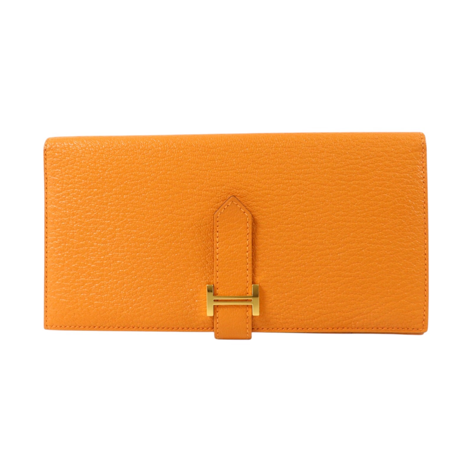 HERMES Chevre皮革Bearn Long Wallet金扣長錢包Orange