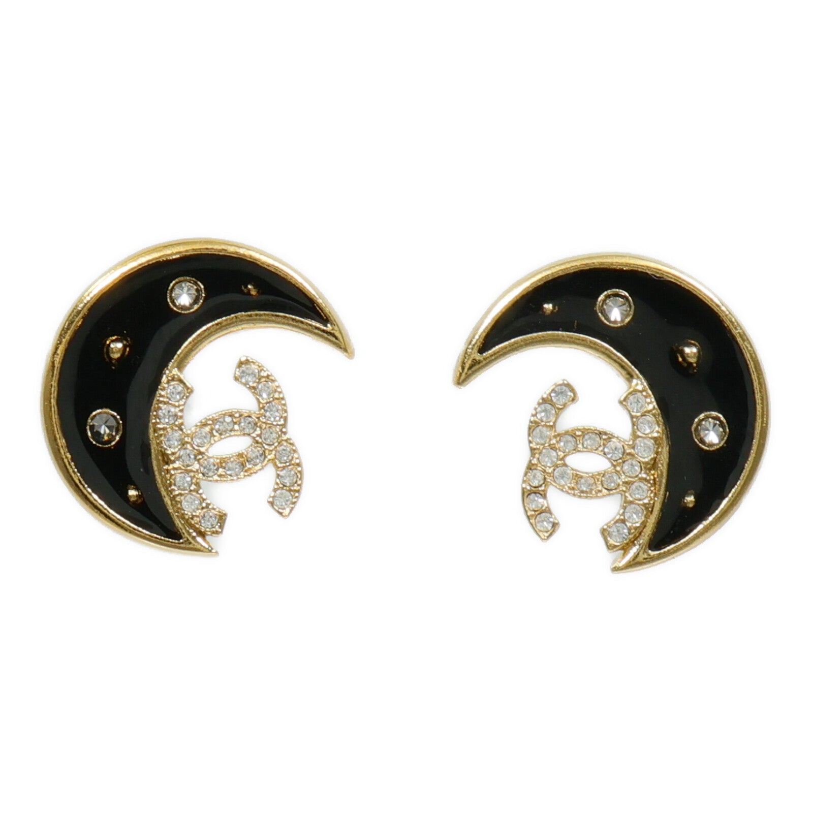 CHANEL 金屬/水鑽Crescent Moon CC Logo Earrings耳環