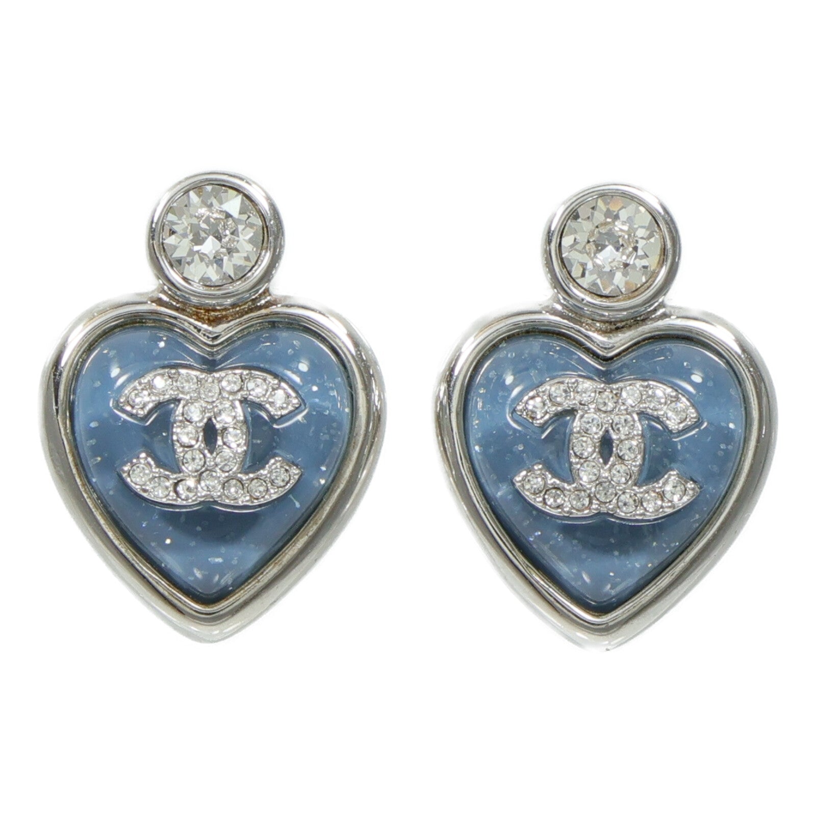 CHANEL 金屬Blue Glass Heart CC Logo Stud Earrings耳環