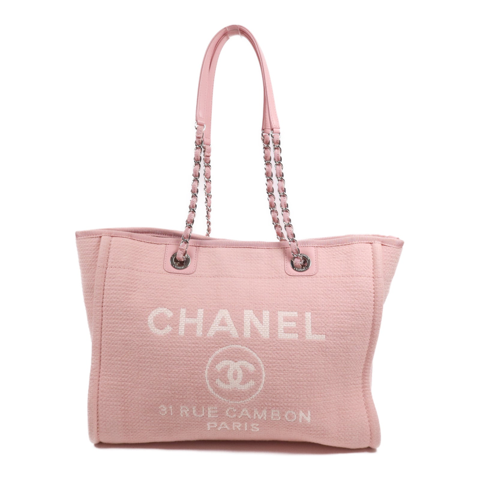 CHANEL 帆布Deauville Tote銀扣鏈帶肩背袋