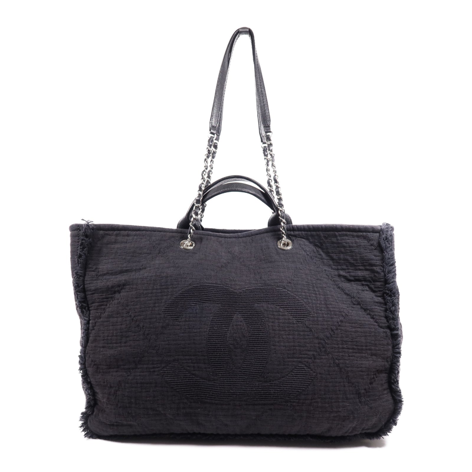 CHANEL 帆布/皮革Deauville Tote Bag銀扣鏈帶肩背袋
