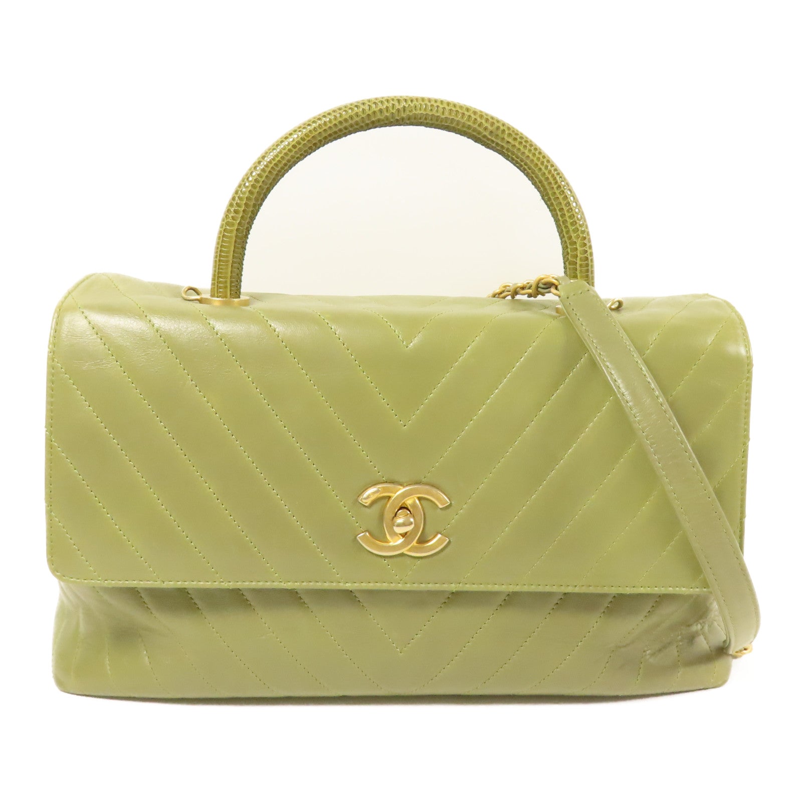 CHANEL 牛皮皮革/蜥蝪皮革Coco Handle Large金扣鏈帶手挽肩背兩用袋