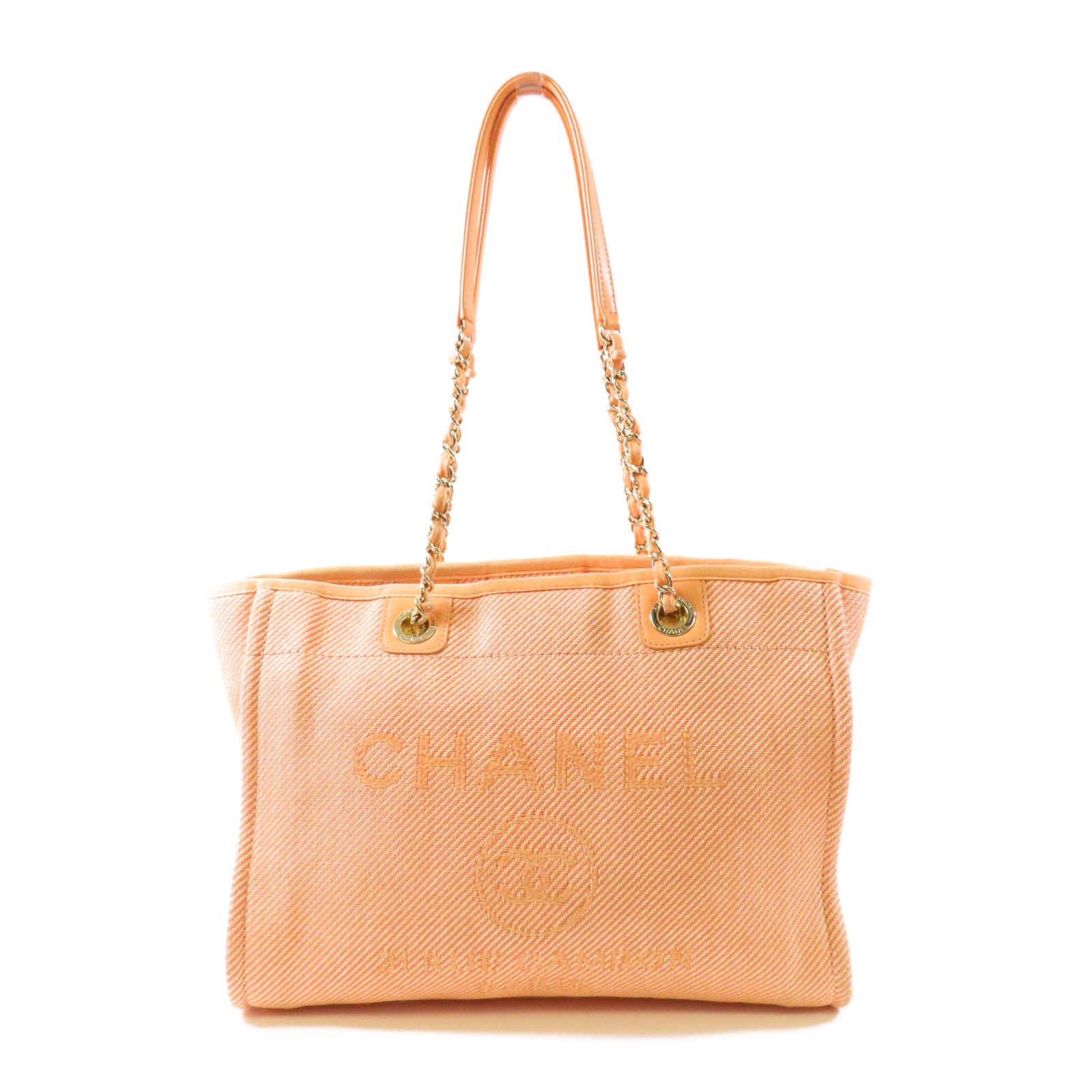 CHANEL 帆布Deauville Tote銀扣鏈帶肩背袋