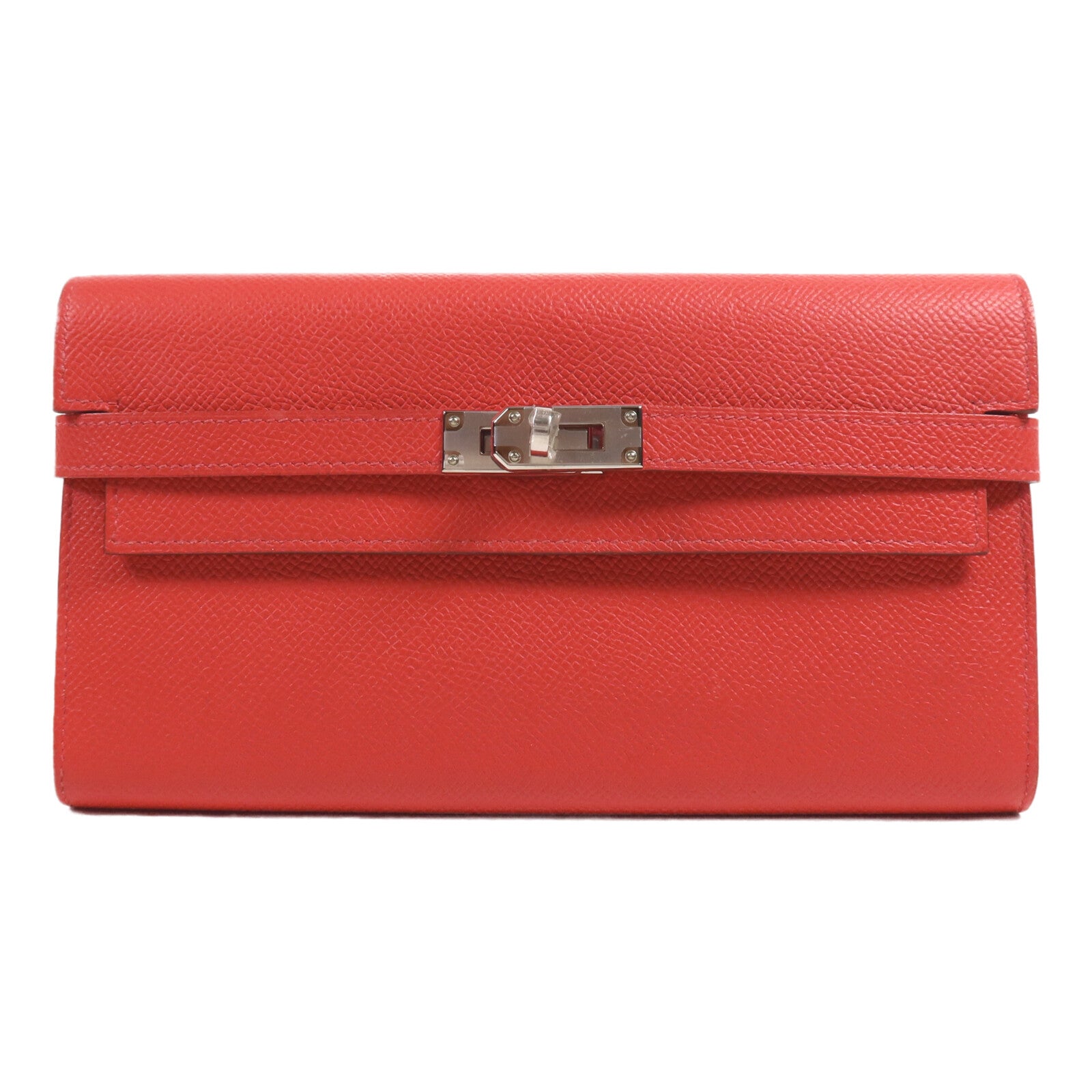HERMES Epsom皮革Kelly Long Wallet銀扣長錢包Rouge Casaque