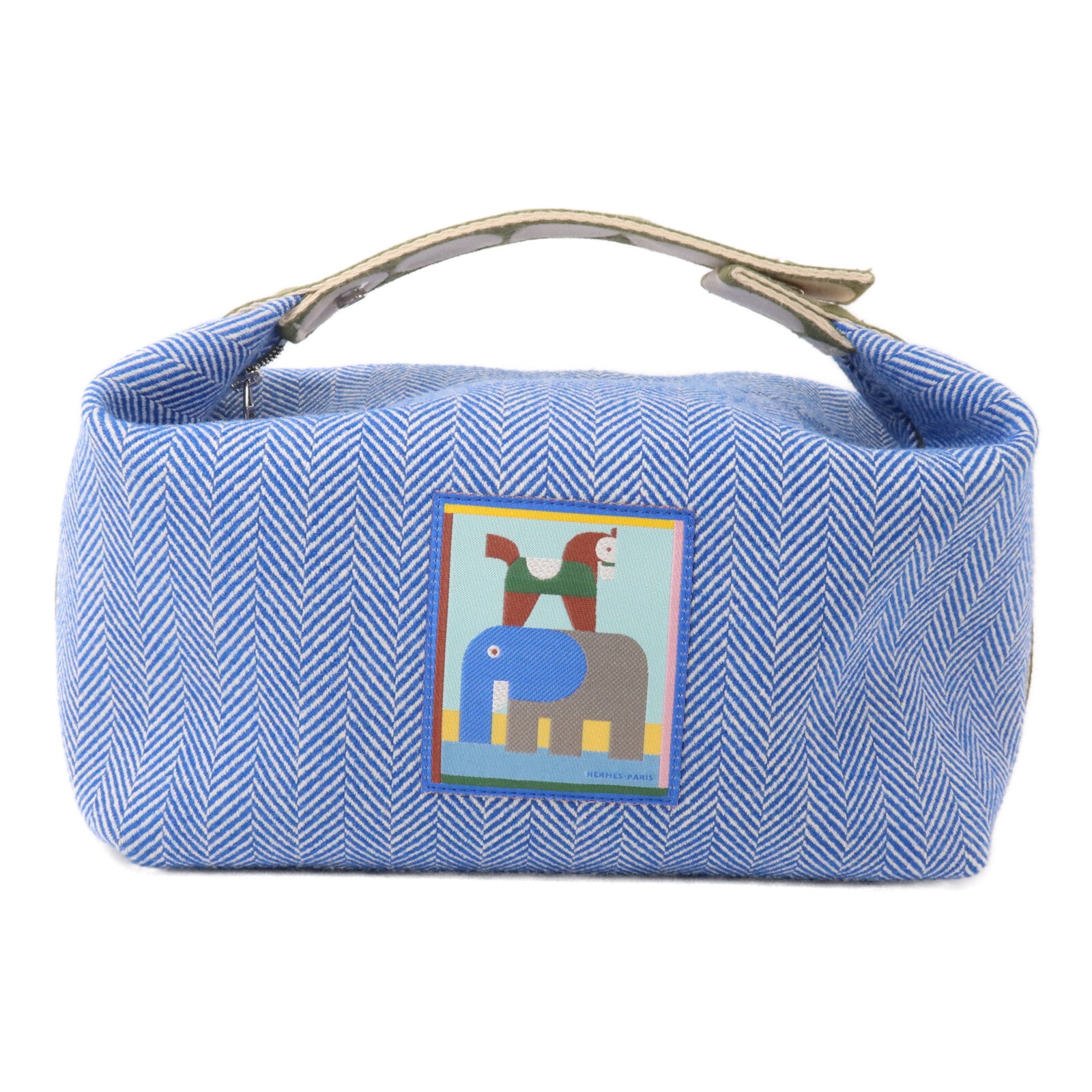 HERMES 羊毛/帆布Animaux Blocks Case Large手挽袋Bleu Gitane