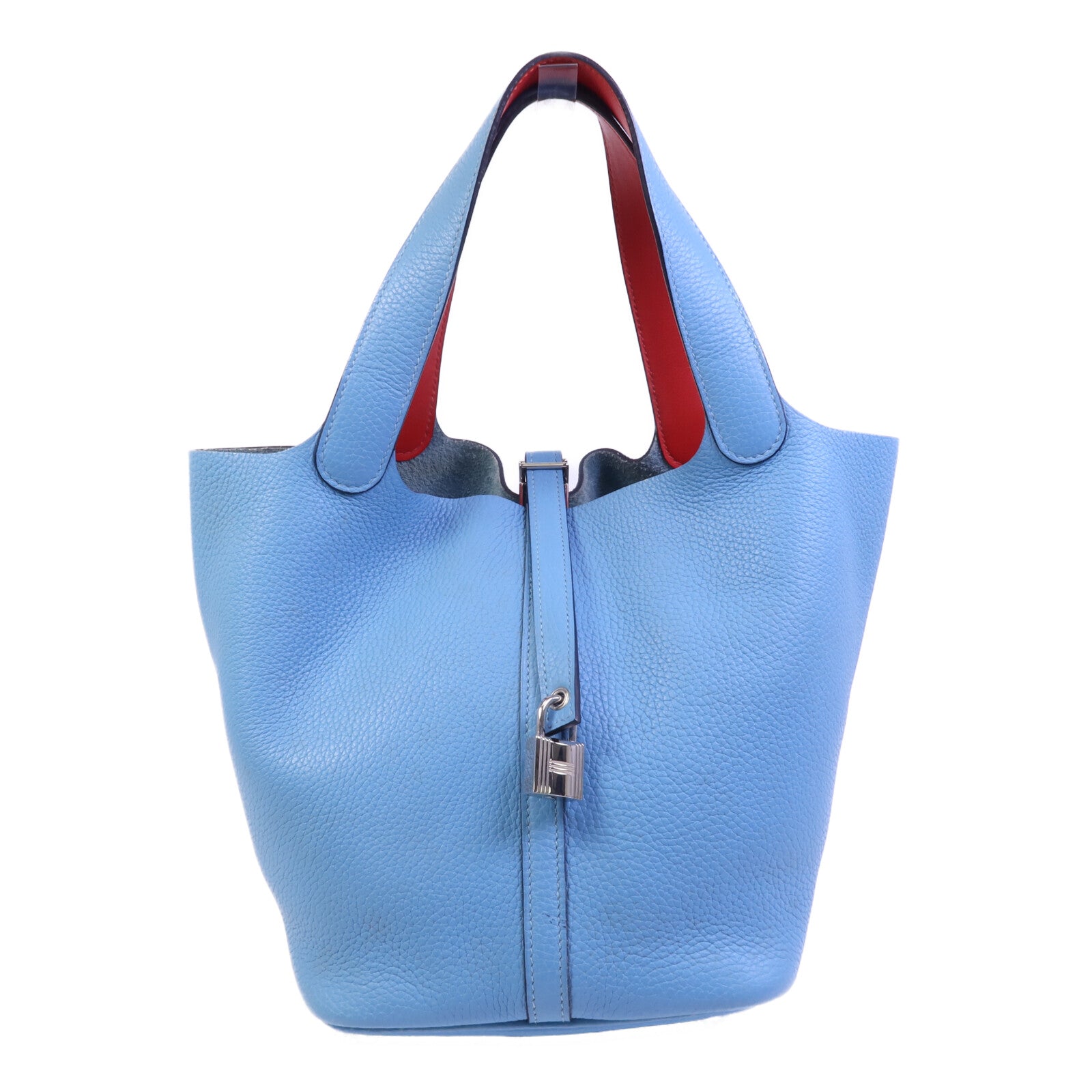 HERMES 【激減優惠】Clemence皮革Picotin MM銀扣手挽袋Bleu Atoll/Rouge De Coeur