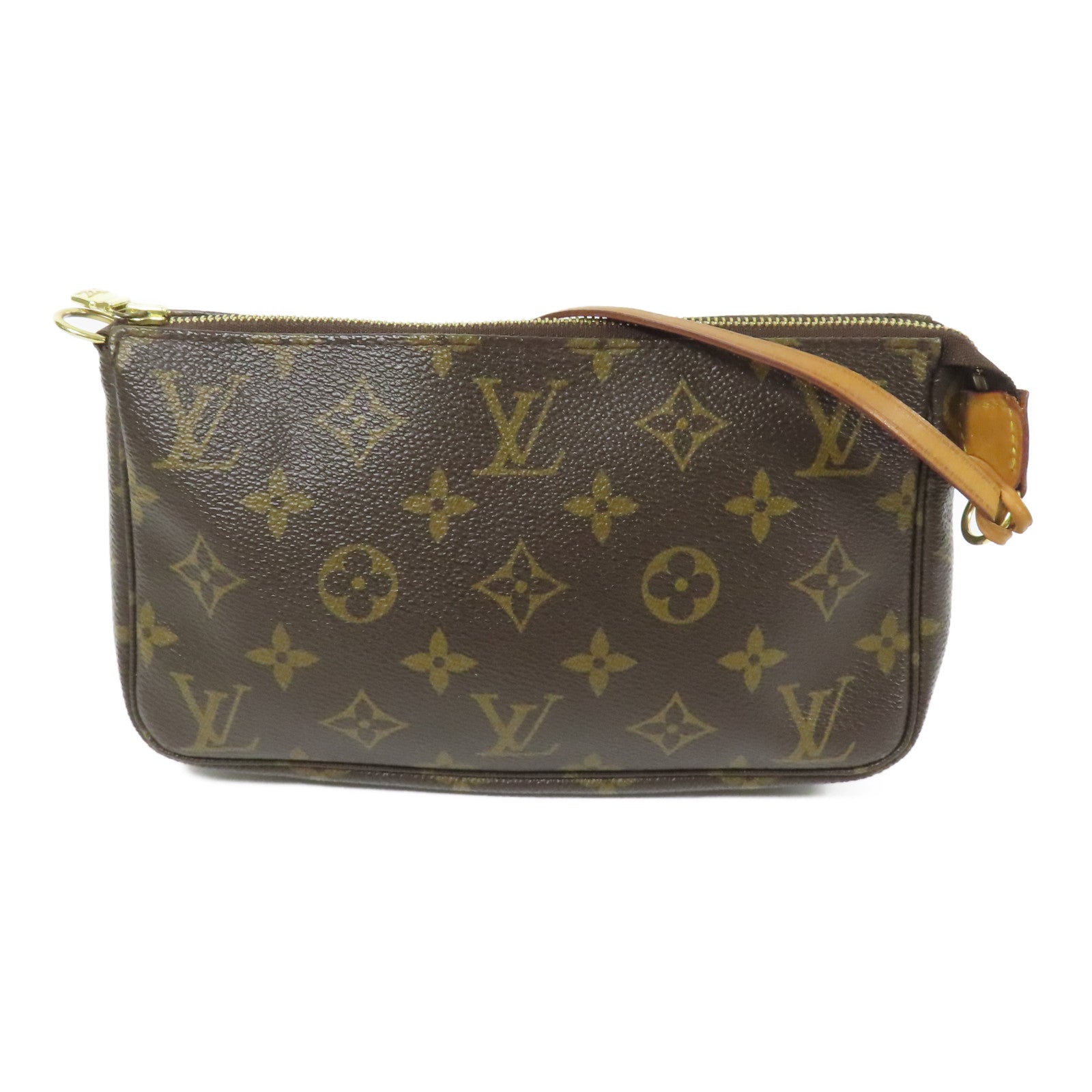 LOUIS VUITTON Monogram Pochette Accessoires金扣手挽袋棕色
