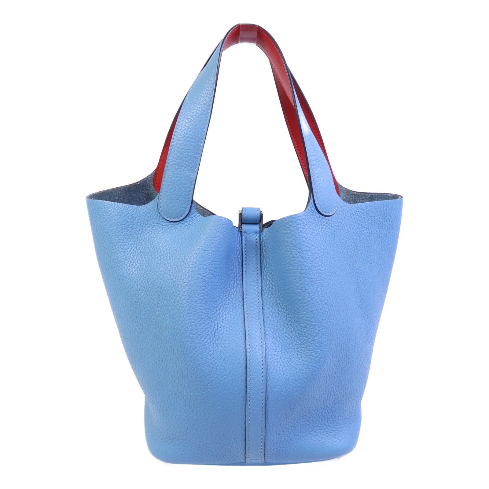 HERMES 【激減優惠】Clemence皮革Picotin MM銀扣手挽袋Bleu Atoll/Rouge De Coeur
