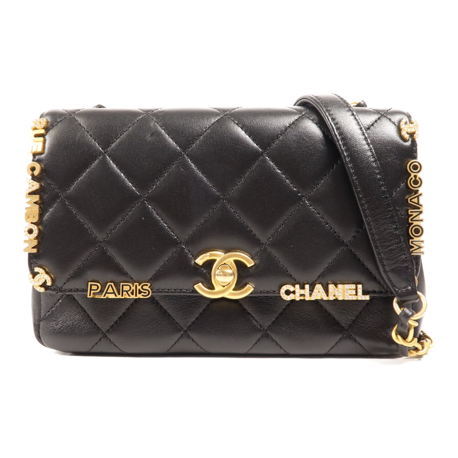 CHANEL 羊皮皮革Matelasse Mini Flap Bag金扣鏈帶肩背袋