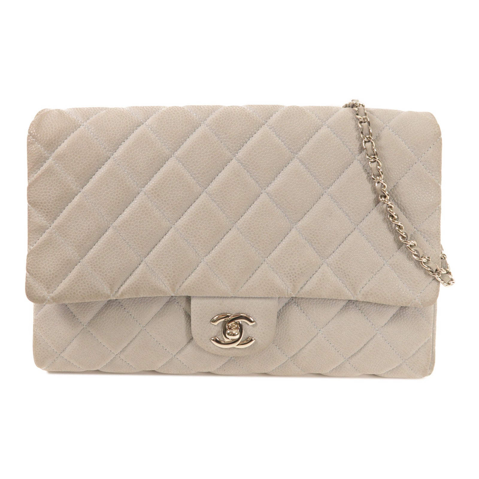 CHANEL 牛皮皮革Chain Shoulder銀扣肩背袋淺藍色